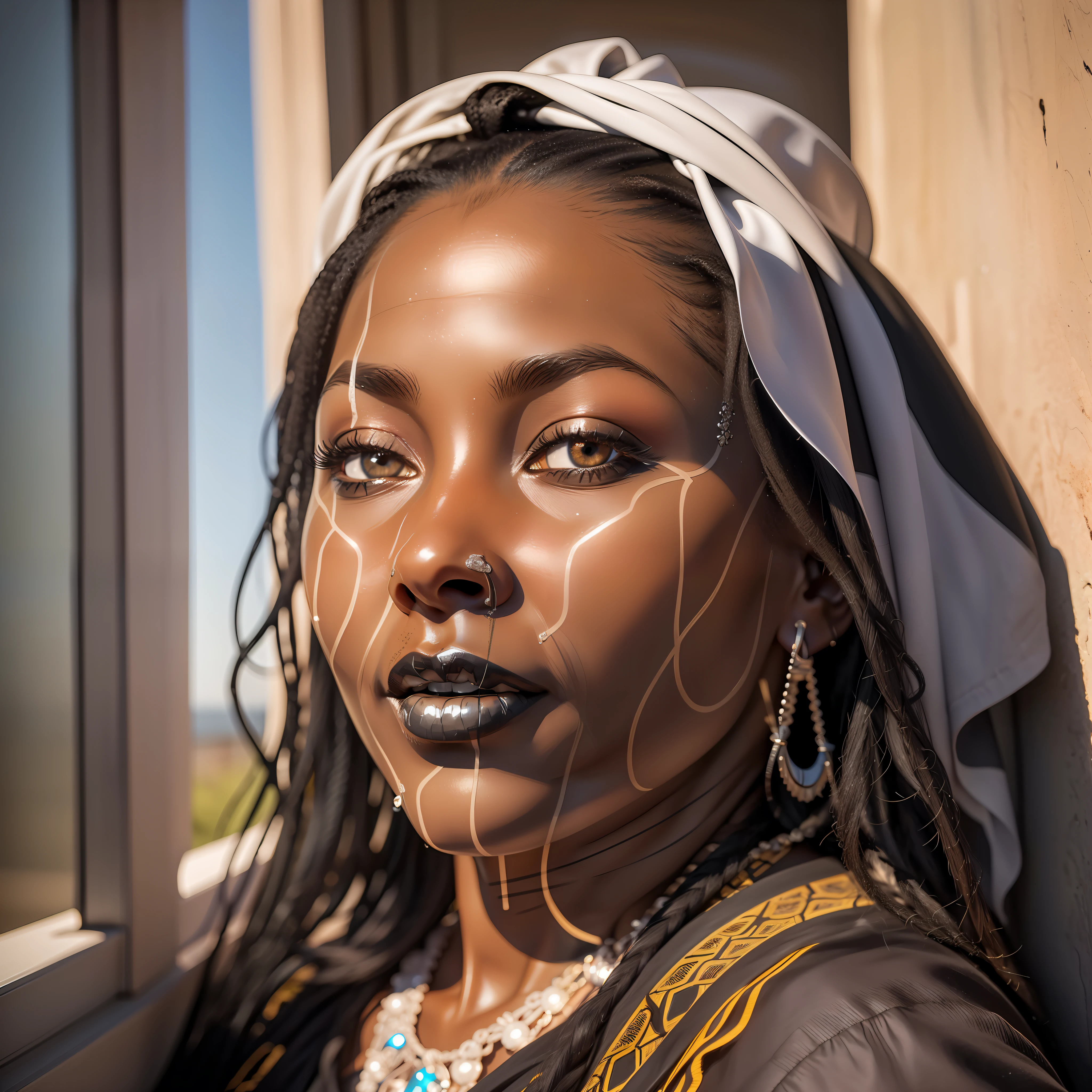 (((Face seen up close))), Photorealism, masterpiece, best quality, play of light, window, detailed and realistic skin, HDR, woman of (((black skin))), Senegal, detailed face, striking lips, dread hair, hair stuck, jewelry, silver, earrings, detailed hair, detailed eyes, black eyes, open sky background, sunlight,