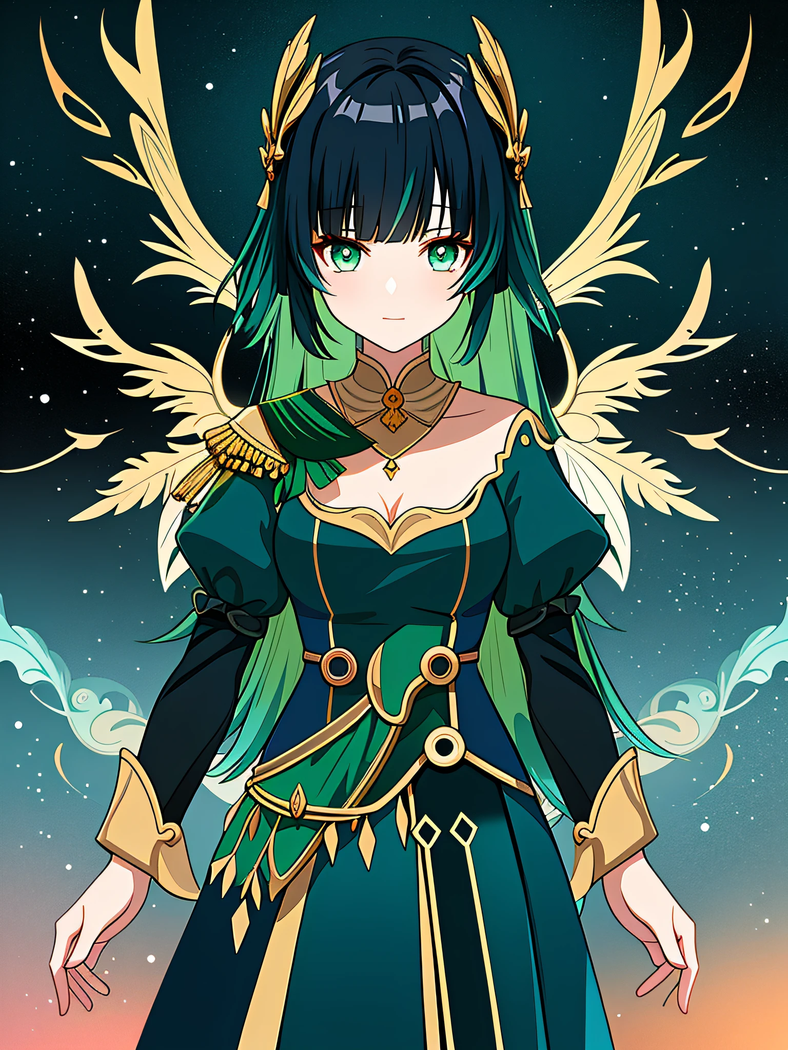 Anime Girl in green dress standing in snow, red tie, female anime character, Genshin character, best anime character design, teal uniform, anime character, (masterpiece: 1.5), (background: golden), (golden wings, feathers, angel wings), (dark green eyes, black hair))