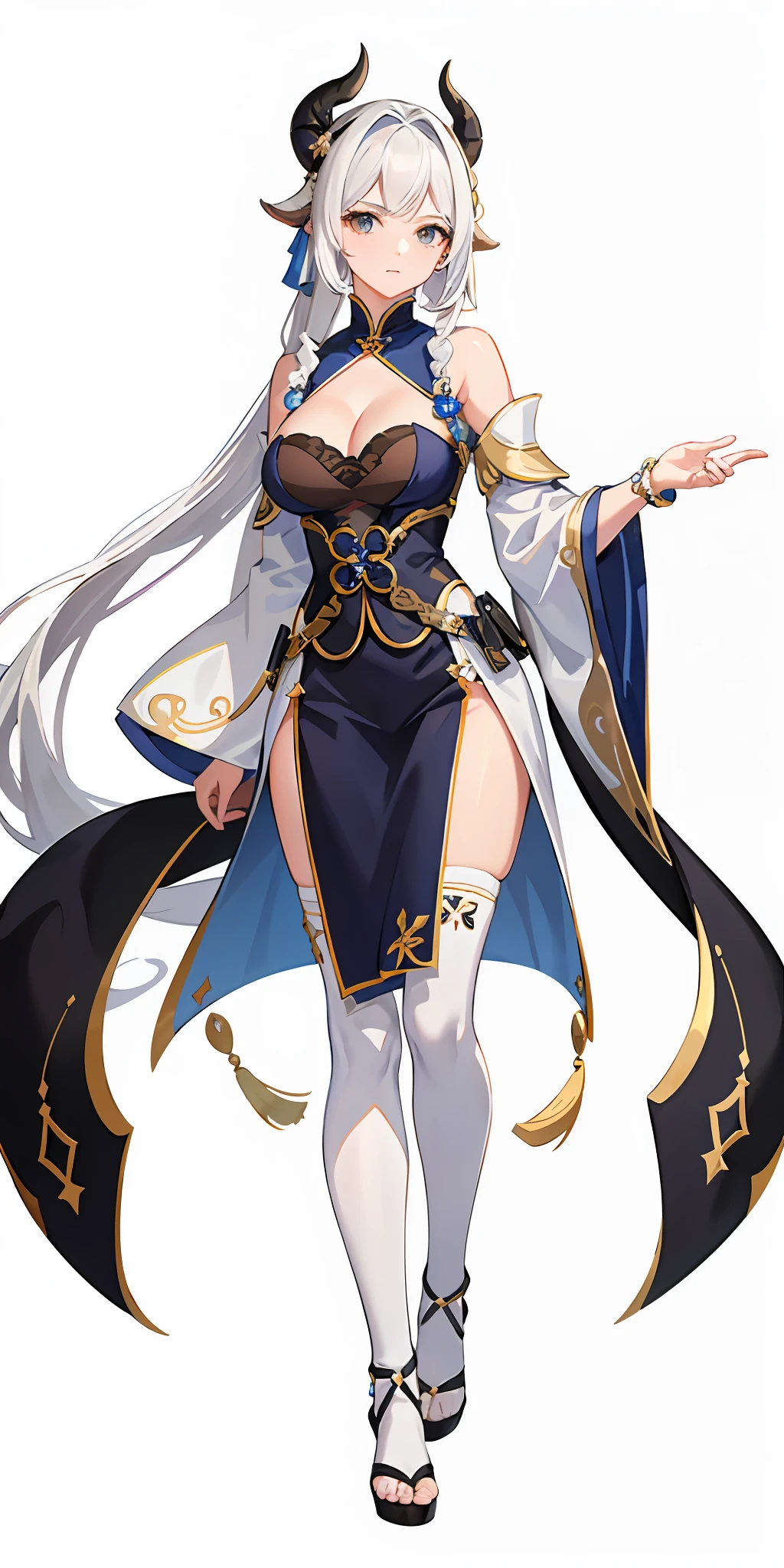 (top quality, masterpiece, white background), 1 woman (detailed face 1.4), (Genshin 1.4) white hair, Chinese style costume, black eyes, (sheep horn 1.4), sister, (bangs tail 1.4), expressionless, apothecary, dark blue clothes, (one-handed sword 1.1), (big breasts 1.4), cleavage, tights, (long bangs 1.1), shoulders, water, light blue jewelry