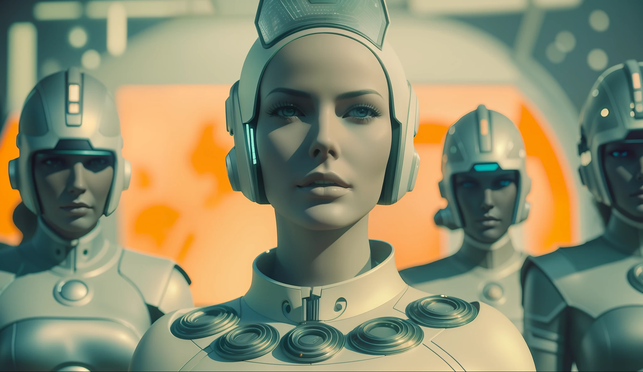 a woman (Rebecca Romijn) with a helmet standing in front of a group of mannequins, cyberpunk art by Jim Burns, cgsociety, retrofuturism, daz3d, ps1 graphics, dystopian art