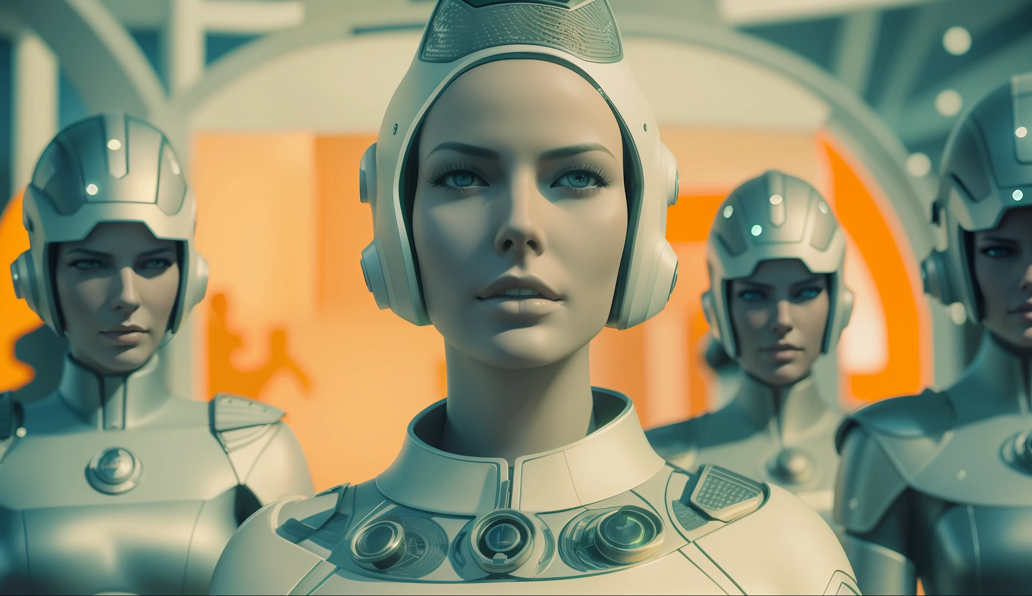 a woman (Rebecca Romijn) with a helmet standing in front of a group of mannequins, cyberpunk art by Jim Burns, cgsociety, retrofuturism, daz3d, ps1 graphics, dystopian art