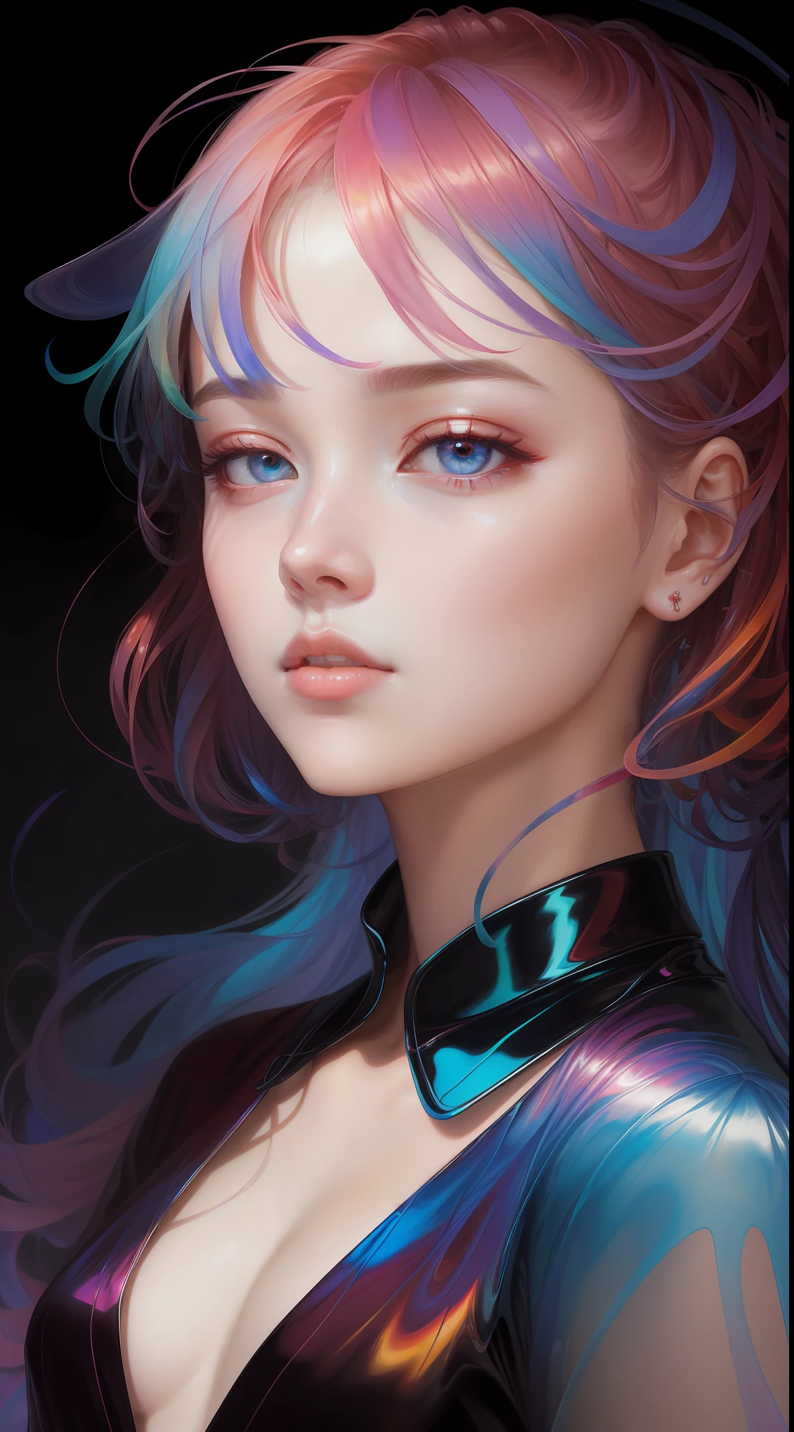 _james jean, floating female figure made of ribbons, smoke, in the sky, colorful and vibrant, mystical colors, contemporary impressionism, yanjun cheng portrait painting, iridescent painting, 3/4 perspective view, cute face, low angle, sweeping circling composition, large beautiful crystal eyes, big irises, UHD, HDR, 8K, (Masterpiece:1. 5), (the most beautiful portrait in the world:1.5)