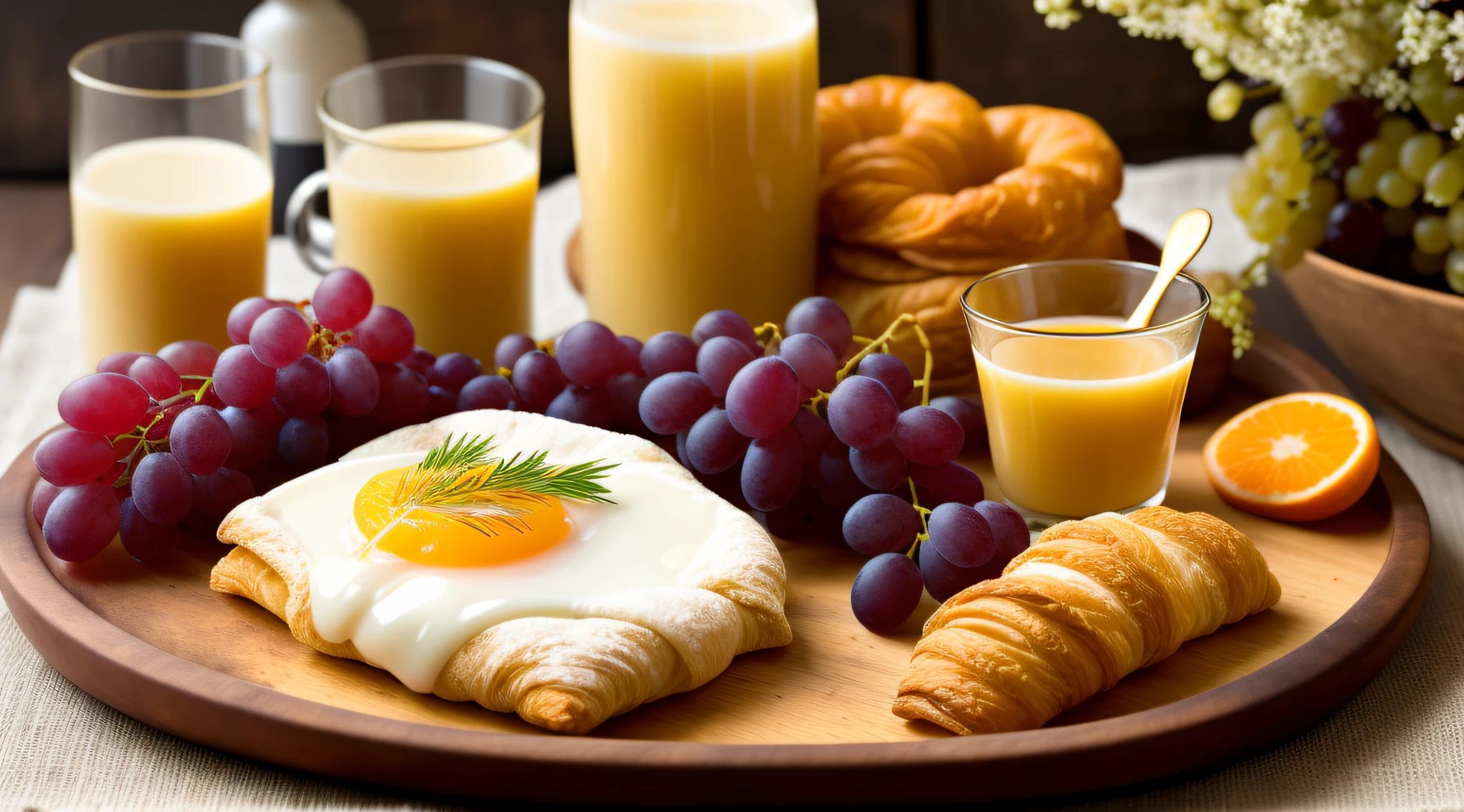(extremely realistic, delicate), (touch of soft light), breakfast scene, rustic wooden tray with fresh grapes, crispy croissant, small slice of delicious-looking cheese and a small bottle of freshly squeezed orange juice, cup with hot coffee