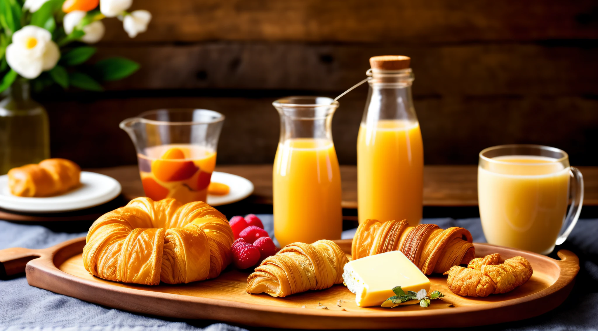 (extremely realistic, delicate), (touch of soft light), breakfast scene, rustic wooden tray with fresh fruit, crispy croissant, delicious-looking cheese bread and a small bottle of freshly squeezed orange juice.