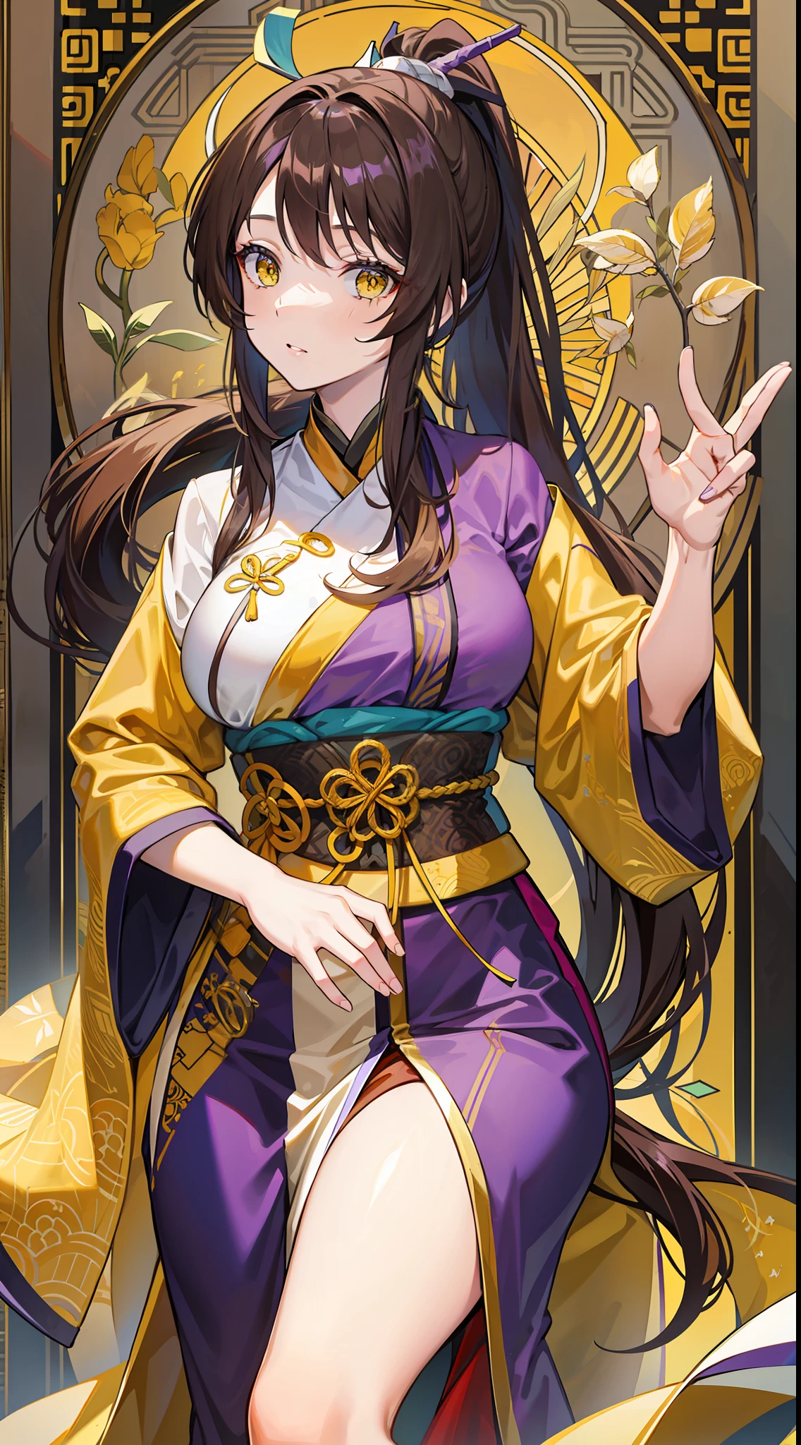 Adult woman, long brown hair, high ponytail, yellow eyes, purple hanfu, open breasts, masterpiece, high quality
