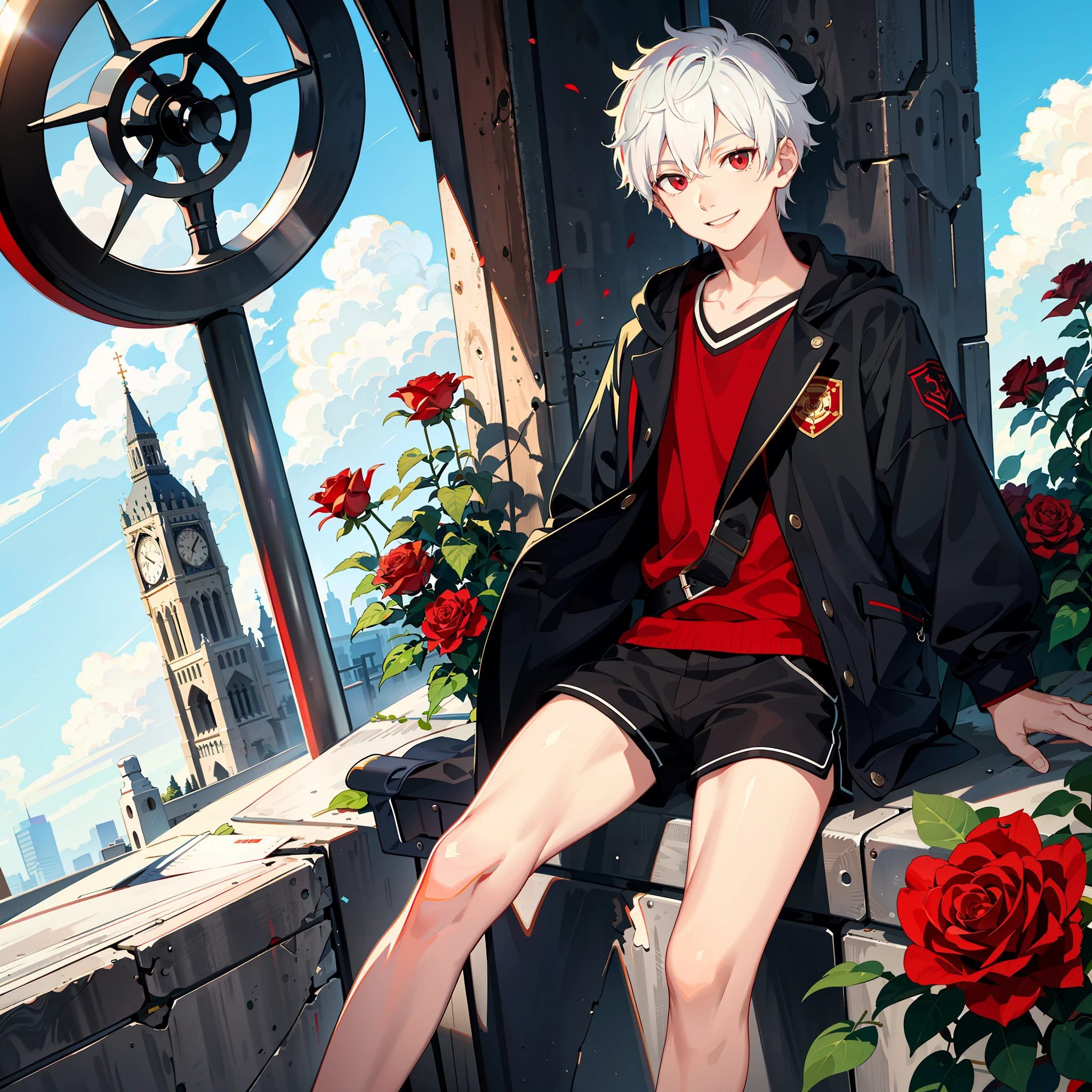 (high-quality, breathtaking),(expressive eyes, perfect face), short, young boy, short white hair, red eyes, smiling, black school uniform, wear short shorts, urban setting, sunshine, blue sky, shine, glow, red roses.