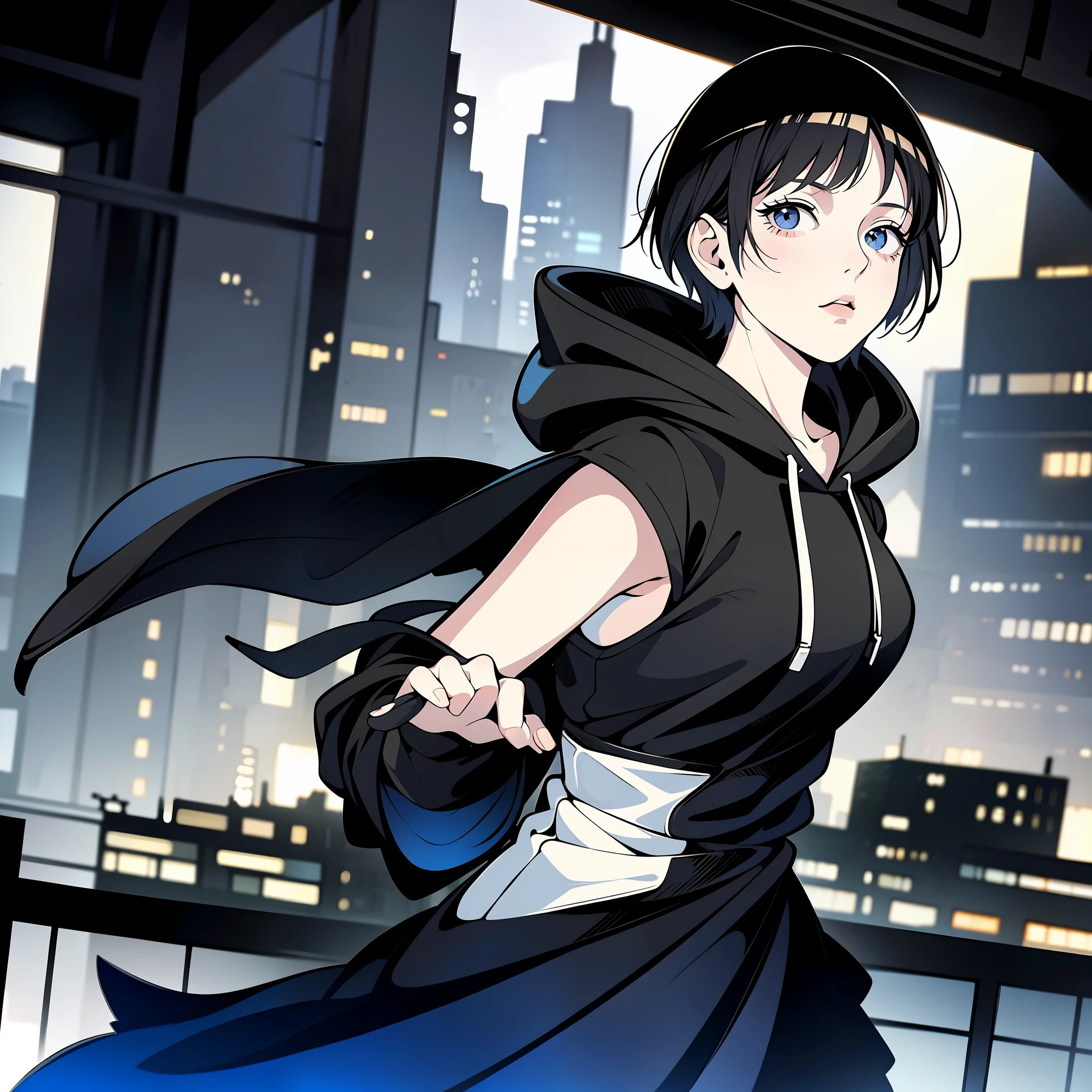 1girl, manga style, medium view, looking up, side view, hoodie, short hair, solo, (city background, lighting, blur: 1.2)