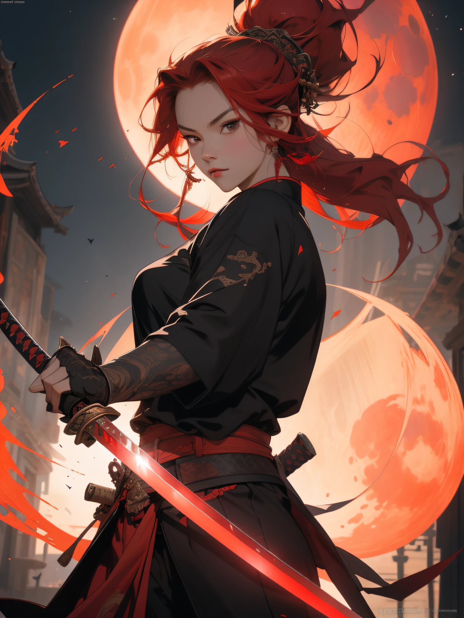 Best Quality, Masterpiece, Ultra High Resolution, Poster, 4K, Fantasy Art, Dynamic Lighting, Art Station, Poster, Volume Lighting, Very Detailed Faces, 4k Wallpaper, Award-Winning A Girl with a Sword, Red Hair Rope, Katana, Holding a Great Sword, Demon Samurai, Black Clothes, Hair Flying, Red Belt, Red Sword Qi, Dramatic Katana Wielding Pose, (Ultra: 1.4), Ancient Chinese Architecture Background, A Round of Red Moon,