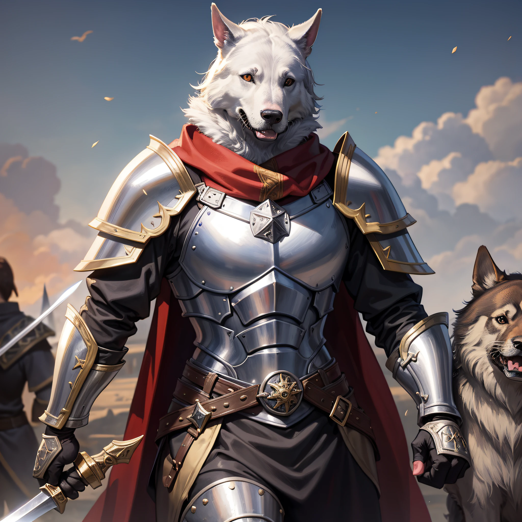 (medieval warrior with dog face, beautiful coat and D&D-style RPG appearance), amazing lighting, wearing emotionless iron armor, holding a long sword, better quality.