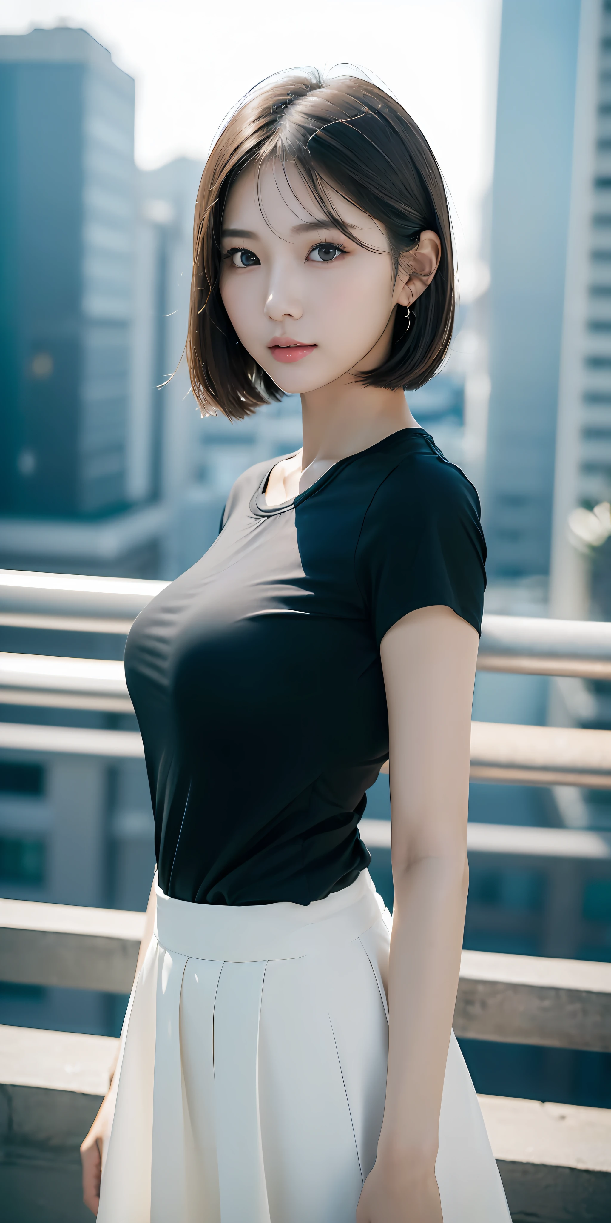 ((Mai Shiraishi, black plain T-shirt, white skirt, cowboy shot, side view, looking ahead, arched back, arms behind head, dark brown very short hair, gigantic breasts, standing, wind))))(((( masterpiece, best quality, highly detailed, absurdres, RAW photo, ultra high resolution)))), highly detailed face and skin texture, detailed eyes, clear focus, an asian young and beautiful girl, white skin, real human skin, oval face, pores, gentle and goddess-like eyes, lip gloss, eyelashes, Gloss Face, Wide Lighting, Natural Shading, Small Waist, Slender Body, Slight Smile, Clear Facial Features, Beautiful Face, Double Eyelids, Sagging Eyes, Night Cityscape