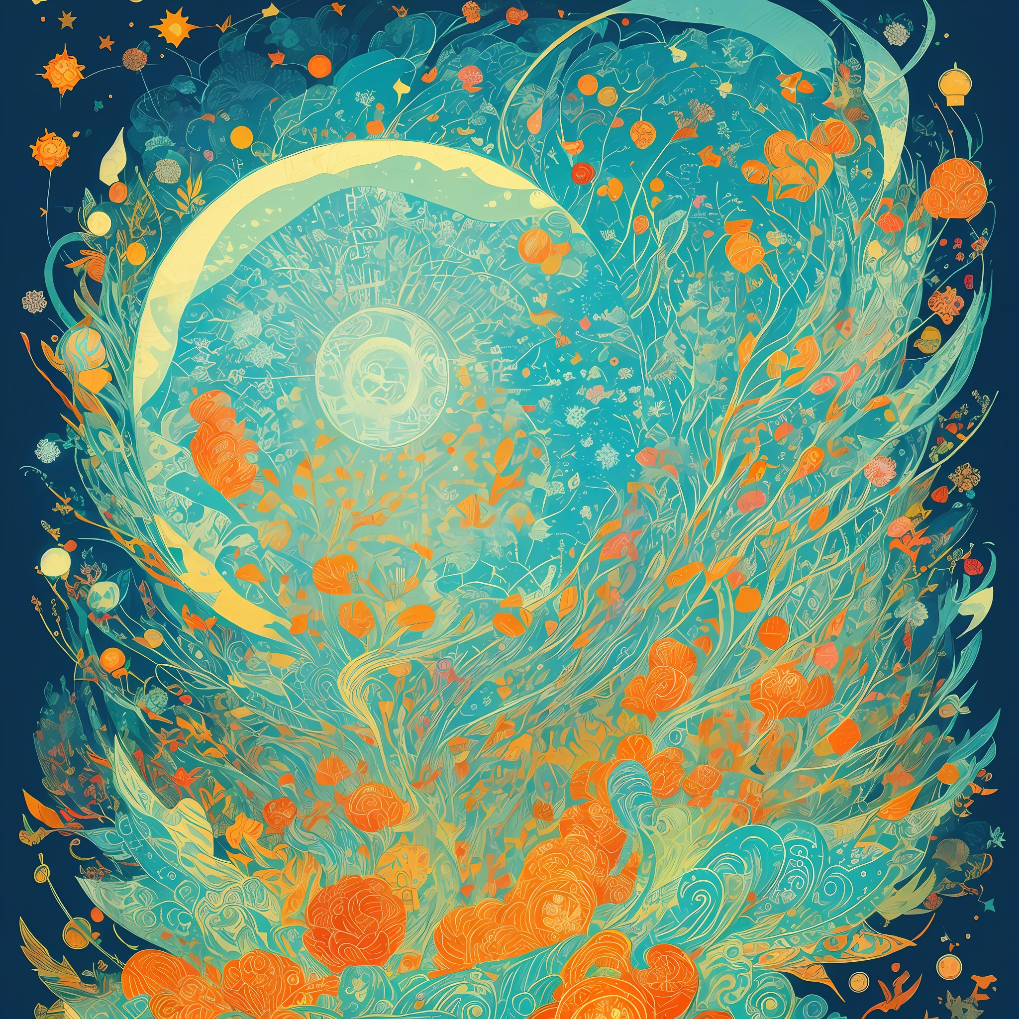 winter solstice day, mystery, artwork in the style of victo ngai, bright colors, ultradetailed, japanese patchwork