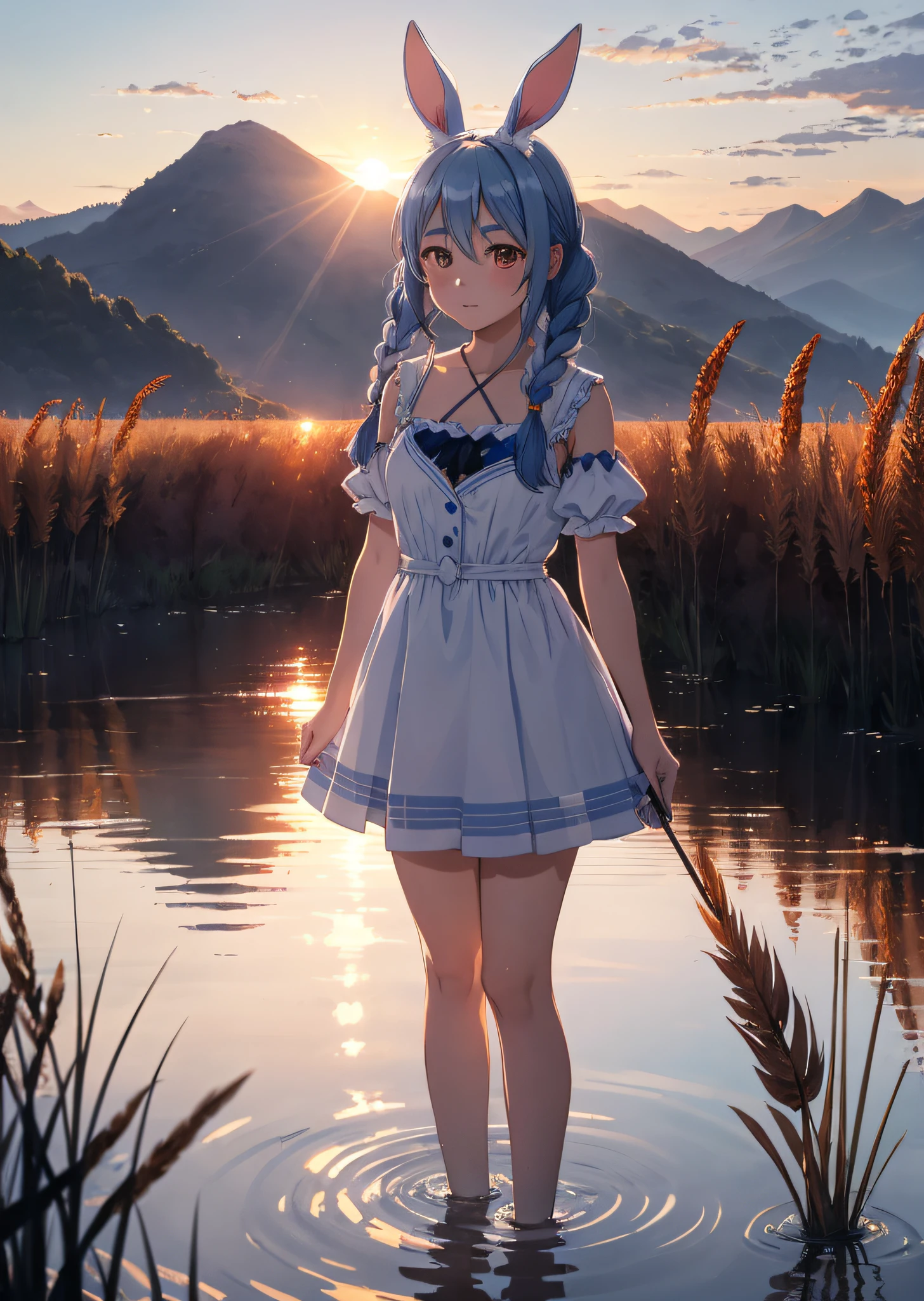 (人物: Usada Pekora), bunny girl, blue hair, twin braids, a girl, solo, masterpiece, best quality, ultra-detailed, illustration, ink, beautiful detailed water, beautiful detailed face, intricate detail, fluttered detailed splashs, highres, detailed light, (1 girl:1.5), solo, autumn, (sunset:1.4), (orange and dark blue sky), clear sky, (from below:0.4), (reed:1.5), dark, slim, aqua eyes, water drop on face, standing in a lake, (legs in water), hands behind back, look at sky, reflection, lake, reed, mountains in distance, nature, rocks, cliffs, river, clouds and stars, clouds between mountainside, clear sky, remote,