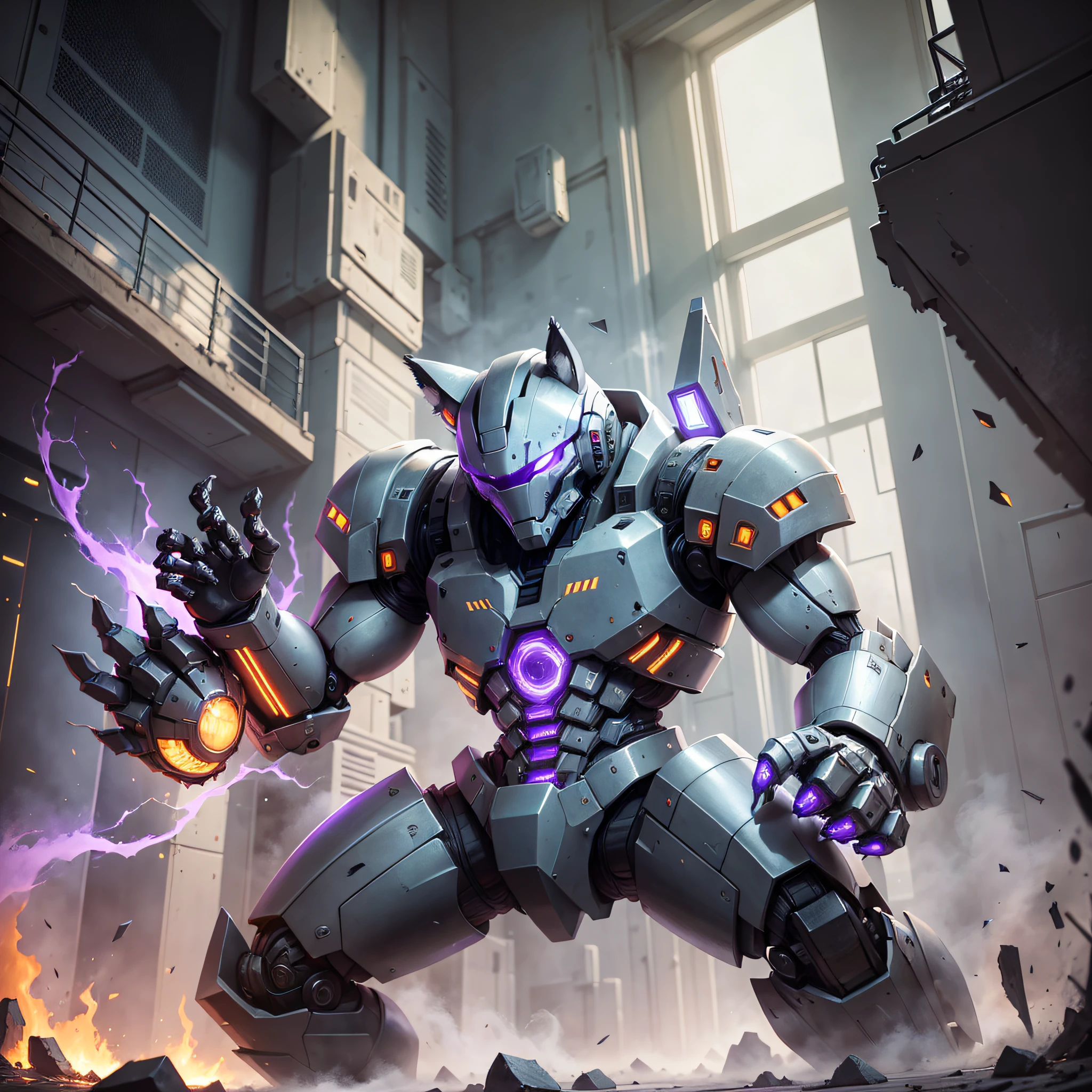 (Wolf: 1.3, Robot: 1.2, Claw: 1.1, Inside), (High concentration of color, significant contrast between light and dark), the feeling of metal muscle fibers that the anime wind will tear, emphasizing the lines and details of the robotic arm, both beautiful and practical body structure, the feeling of just finished fighting, the surrounding debris can set off the tall and mighty of the machine, with a slightly purple-like dark atmosphere, the room is full of light, and the darkness is filled with a faint light.