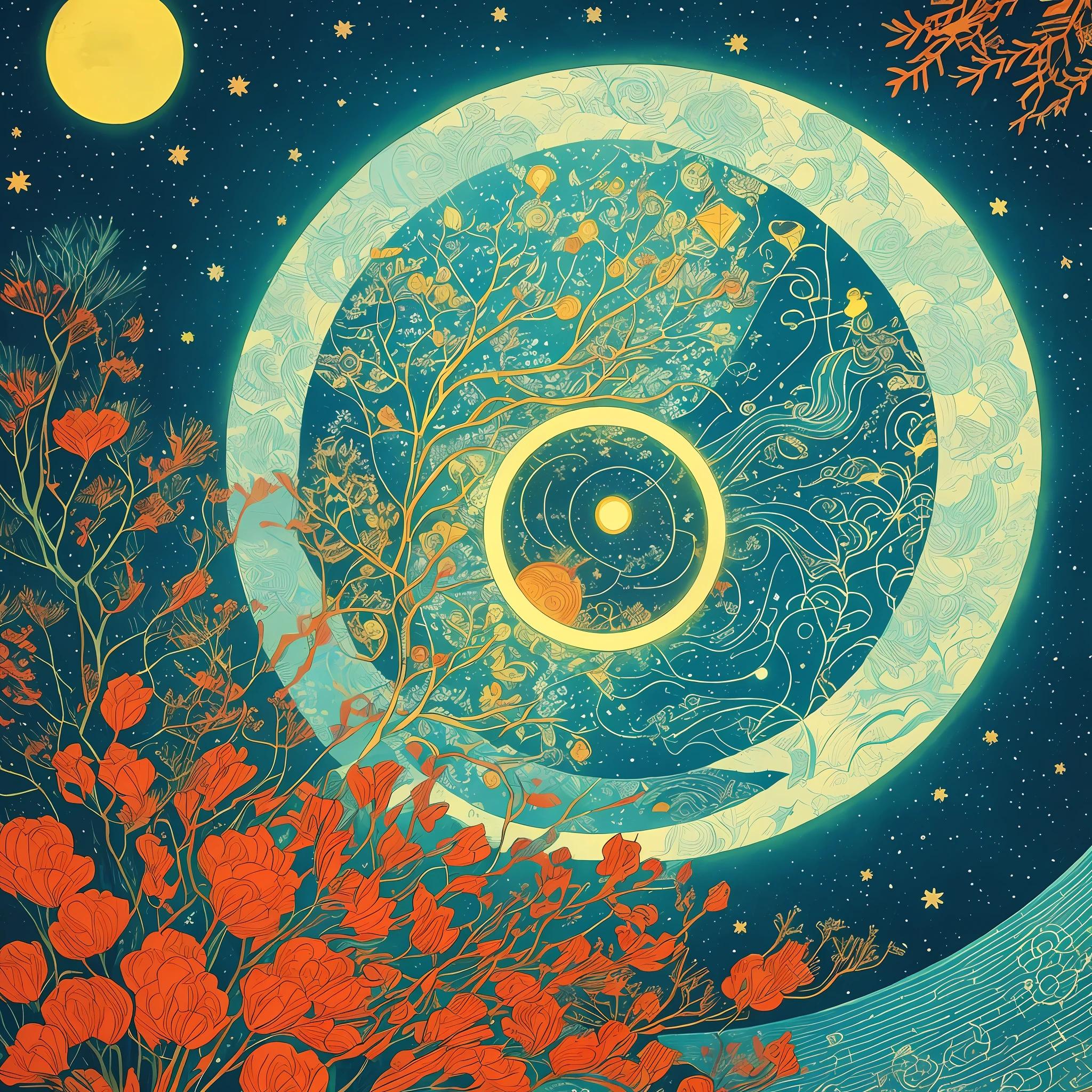 winter solstice day, mystery, artwork in the style of victo ngai, bright colors, ultradetailed, japanese patchwork