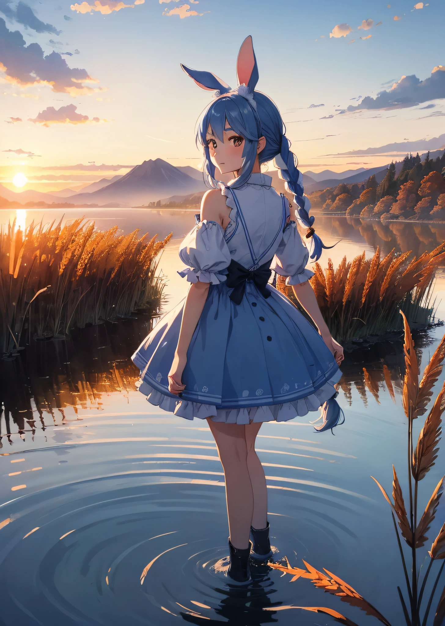 (人物: Usada Pekora), bunny girl, blue hair, twin braids, a girl, solo, masterpiece, best quality, ultra-detailed, illustration, ink, beautiful detailed water, beautiful detailed face, intricate detail, fluttered detailed splashs, highres, detailed light, (1 girl:1.5), solo, autumn, (sunset:1.4), (orange and dark blue sky), clear sky, (from below:0.4), (reed:1.5), dark,  slim, aqua eyes, water drop on face, standing in a lake, (legs in water), hands behind back, look at sky, reflection, lake, reed, mountains in distance, nature, rocks, cliffs, river, clouds and stars, clouds between mountainside, clear sky, remote,