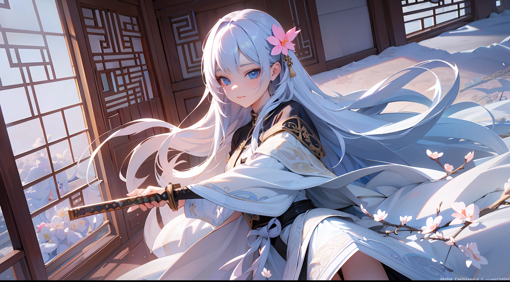 Girly, high cold, white gradient long hair, hair with flowers, black skirt practicing swords, sunset, snow, Chinese cabin, movie lighting, brilliant light blue eyes, facing the lens, high resolution, delicate facial features, front lighting, 3D, 8K, extremely delicate illustrations, intricate and detailed details, extremely high quality