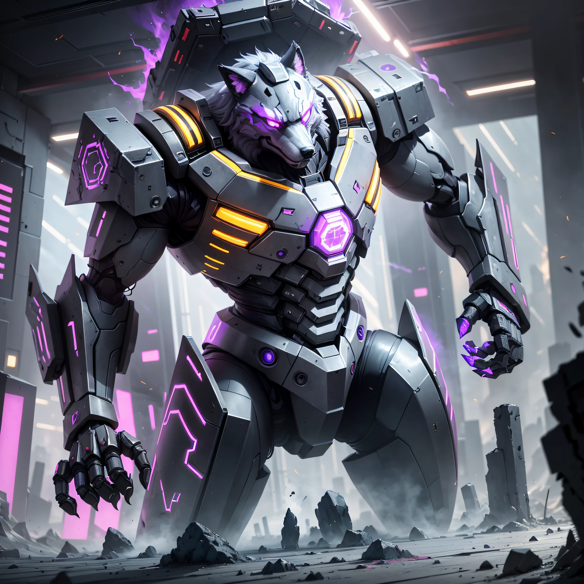 (Wolf: 1.3, Robot: 1.2, Claw: 1.1, Inside), (High concentration of color, significant contrast between light and dark), the feeling of metal muscle fibers that the anime wind will tear, emphasizing the lines and details of the robotic arm, both beautiful and practical body structure, the feeling of just finished fighting, the surrounding debris can set off the tall and mighty of the machine, with a slightly purple-like dark atmosphere, the room is full of light, and the darkness is filled with a faint light.