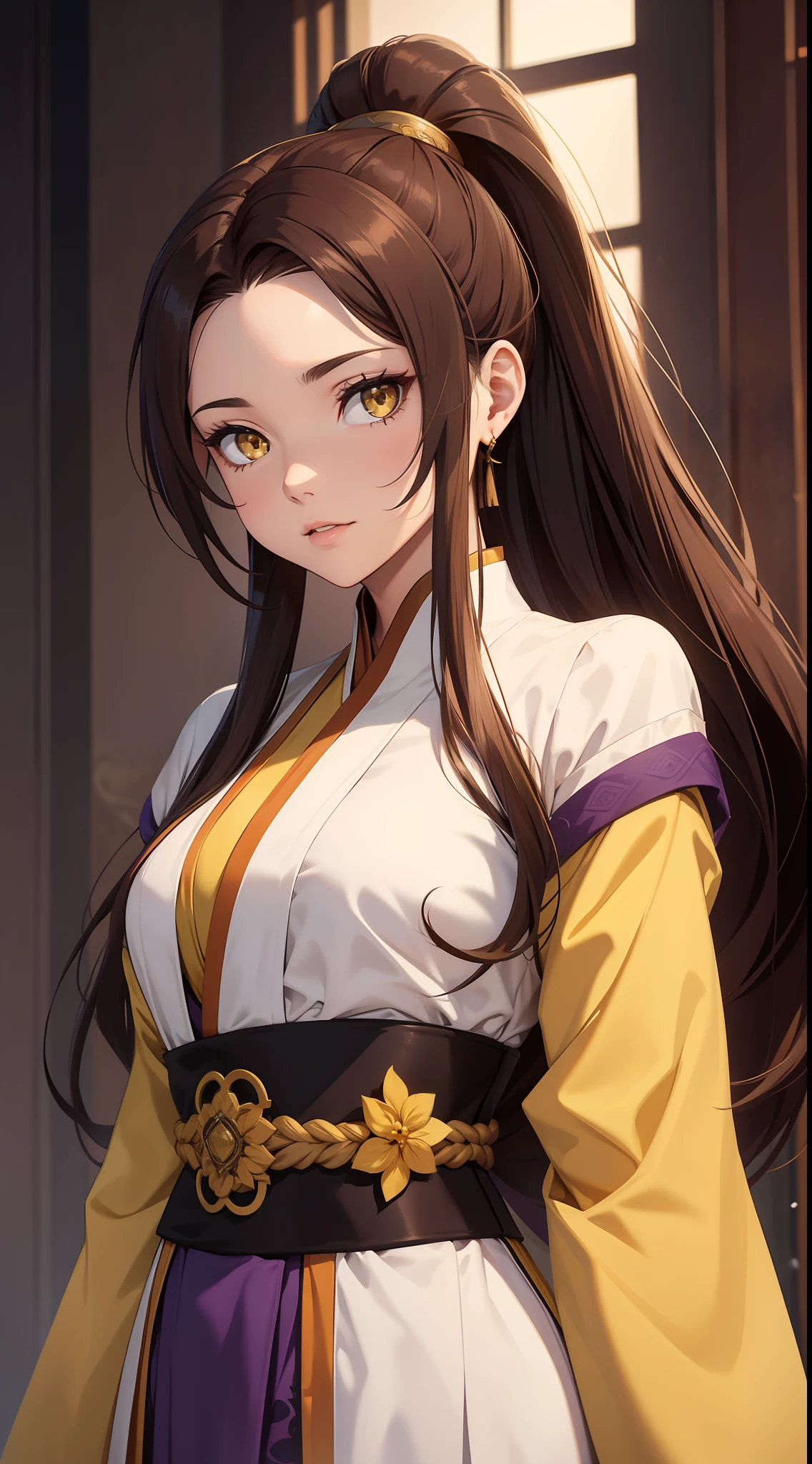 Adult woman, long brown hair, high ponytail, yellow eyes, purple hanfu, open breasts, masterpiece, high quality