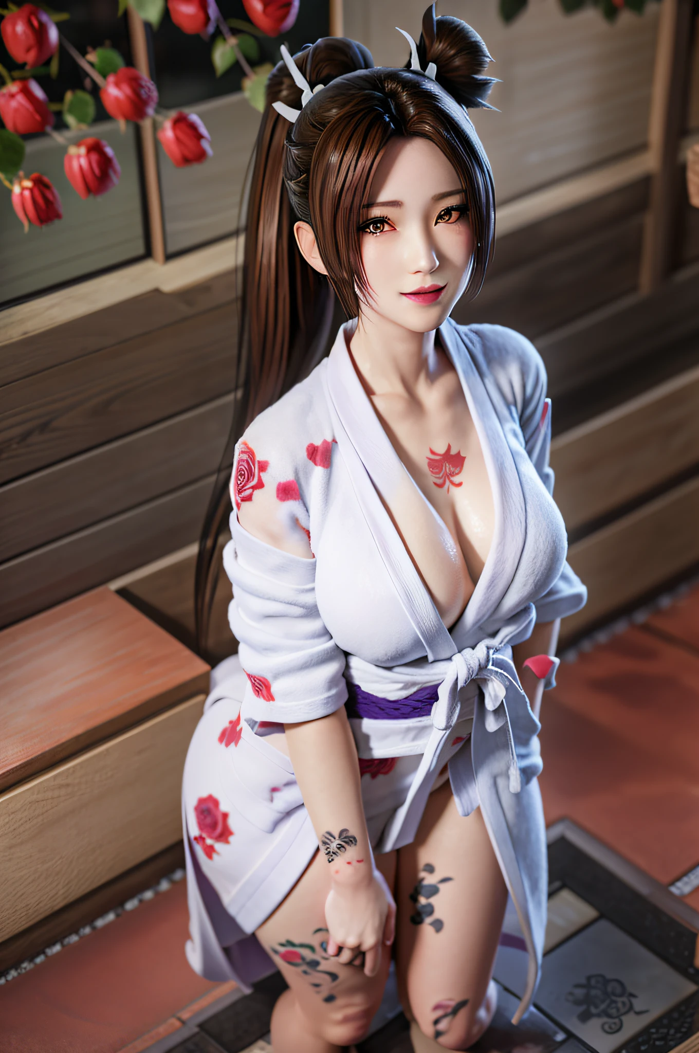 Aerial view,Full body, solo, MaiShiranui,see-through. Hands on breasts, (Japanese bathrobe:1.5),  bangs, black hair, blunt bangs, ( gigantic breasts:1.4), lips, long hair, moles under the mouth, purple eyes, slightly dilated lips, smile, wet skin, Wet hair,  shame,Standing amidst the falling cherry blossoms,(rose_tattoos:1.5), (masterpiece: 1.4), (best quality: 1.4), real-life portrait photography, looking at the viewer,Center,