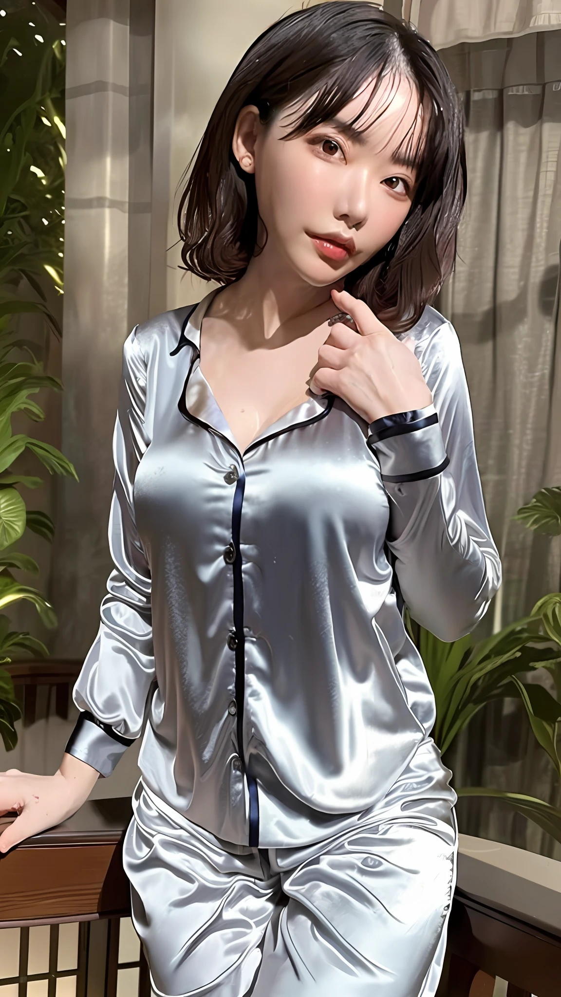 Best quality, best image quality, highest resolution, super detailed, wearing satin pajamas, the material of satin pajamas is shiny, soft and smooth to the touch, no underwear is worn, Chest is C cup, Japan fashion model, full body shooting so that the face can also enter, the subject is alone, taken outdoors, soaking wet, sweaty,
