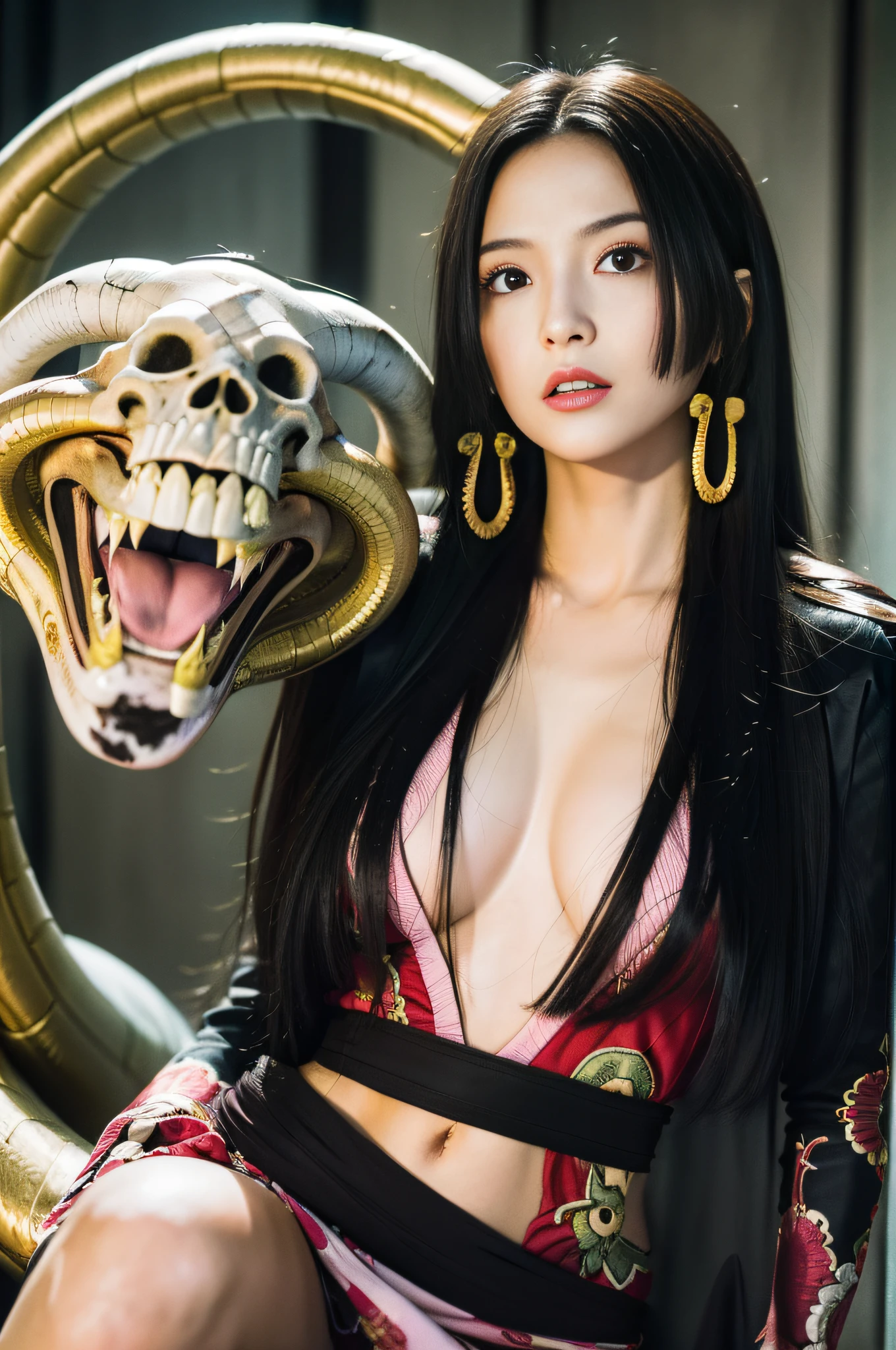 (((masterpiece+best quality+high resolution+ultra-detailed))), boa hancock, long silky black hair, high nose, sharp eyes, noble and inviolable temperament, (([female]: 1.2 + [beauty]: 1.2 + black long hair: 1.2)), snake_skull background, bright eyes, dynamic angle and posture.