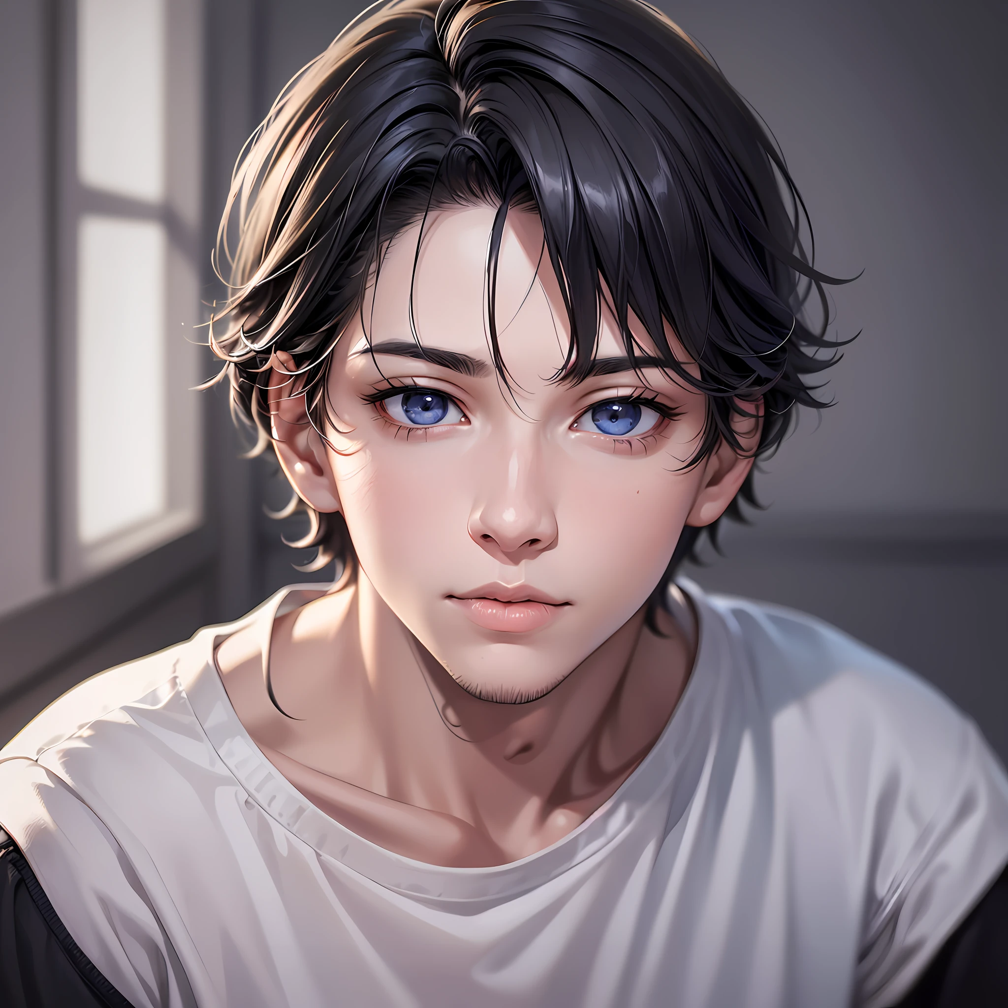 Absurdity, 1 boy,18 years old, stargazing, (realistic:1.5), gray eyes, wolfcut, black hair,sanpaku eyes,glare,(masterpiece, highly detailed cg unified 8k wallpaper, best quality, high definition: 1.2), (ultra_detailed, UHD:1.2), (pixiv:1.3), perfect lighting, clear, (1 boy:1.6), watch viewer, sidelight, perfect face, detailed face, Perfect body, beautiful eyes, pretty face, (light skin:1.4), black t-shirt,dark place, night, dark aura,((Man))))