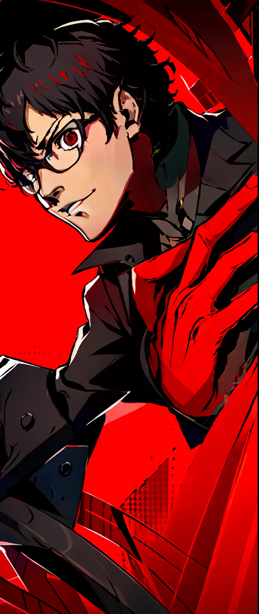 Close-up of person in suit and tie, persona 5 style, black and red suit, glasses, red and black suit, persona 5 inspired, boy, solo, bartender