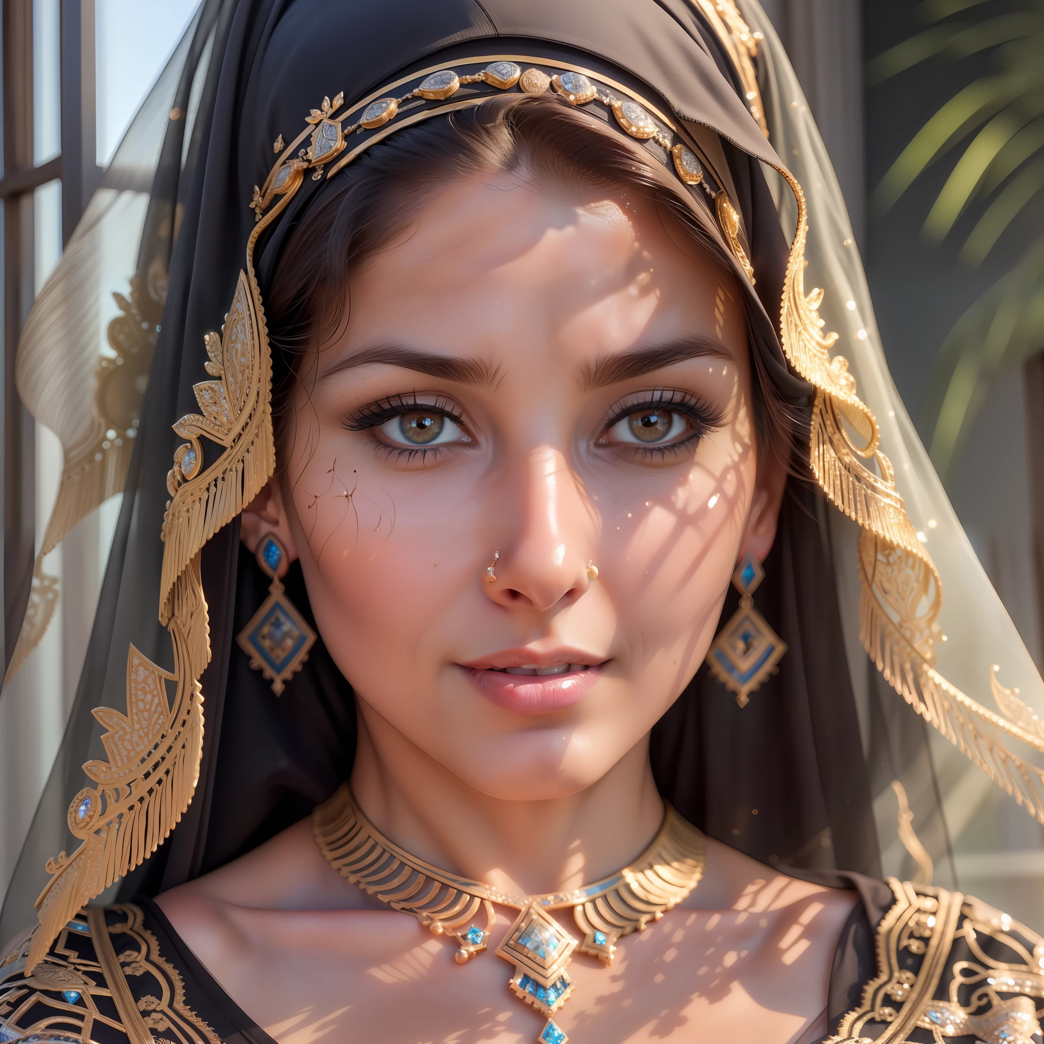 (((Face seen up close))), Photorealism, masterpiece, best quality, play of light, window, detailed and realistic skin, HDR, (((Arab woman)))), detailed face, striking lips, hair pinned, jewelry, silver, earrings, detailed hair, detailed eyes, black eyes, open sky background, sunlight,