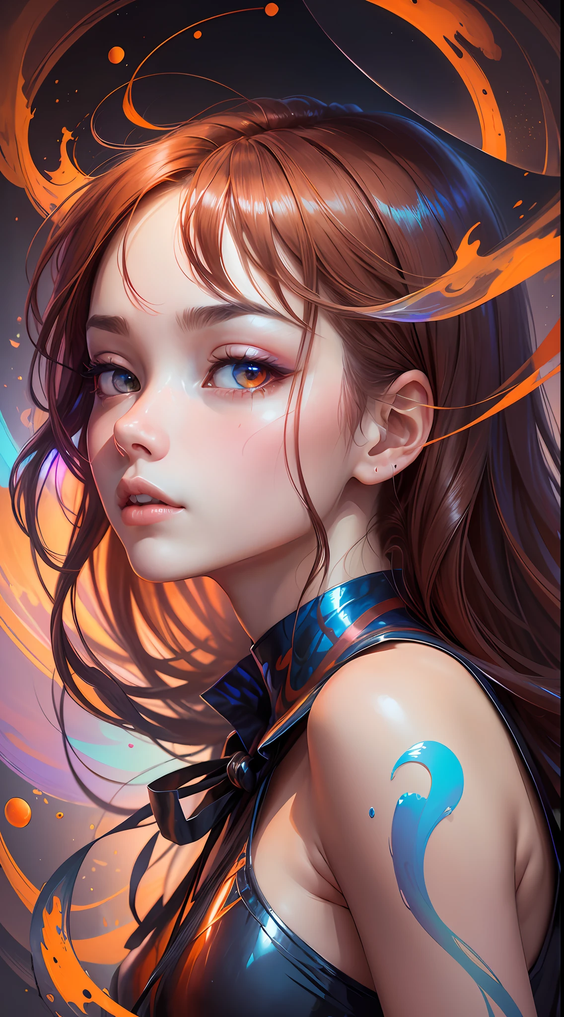 _james Jean, Floating Ribbon Feminine Figure, Smoke, In the Sky, Colorful and Vibrant, Mysterious Colors, Contemporary Impressionism, Yanjun Cheng Portrait, Iridescent Painting, 3/4 Perspective, Cute Face, Low Angle, Sweeping Circling Composition, Beautiful Crystal Big Eyes, Large Brown Iris, Orange Hair, UHD, HDR, 8K, (Masterpiece: 1. 5), (the most beautiful portrait in the world: 1.5) --auto --s2