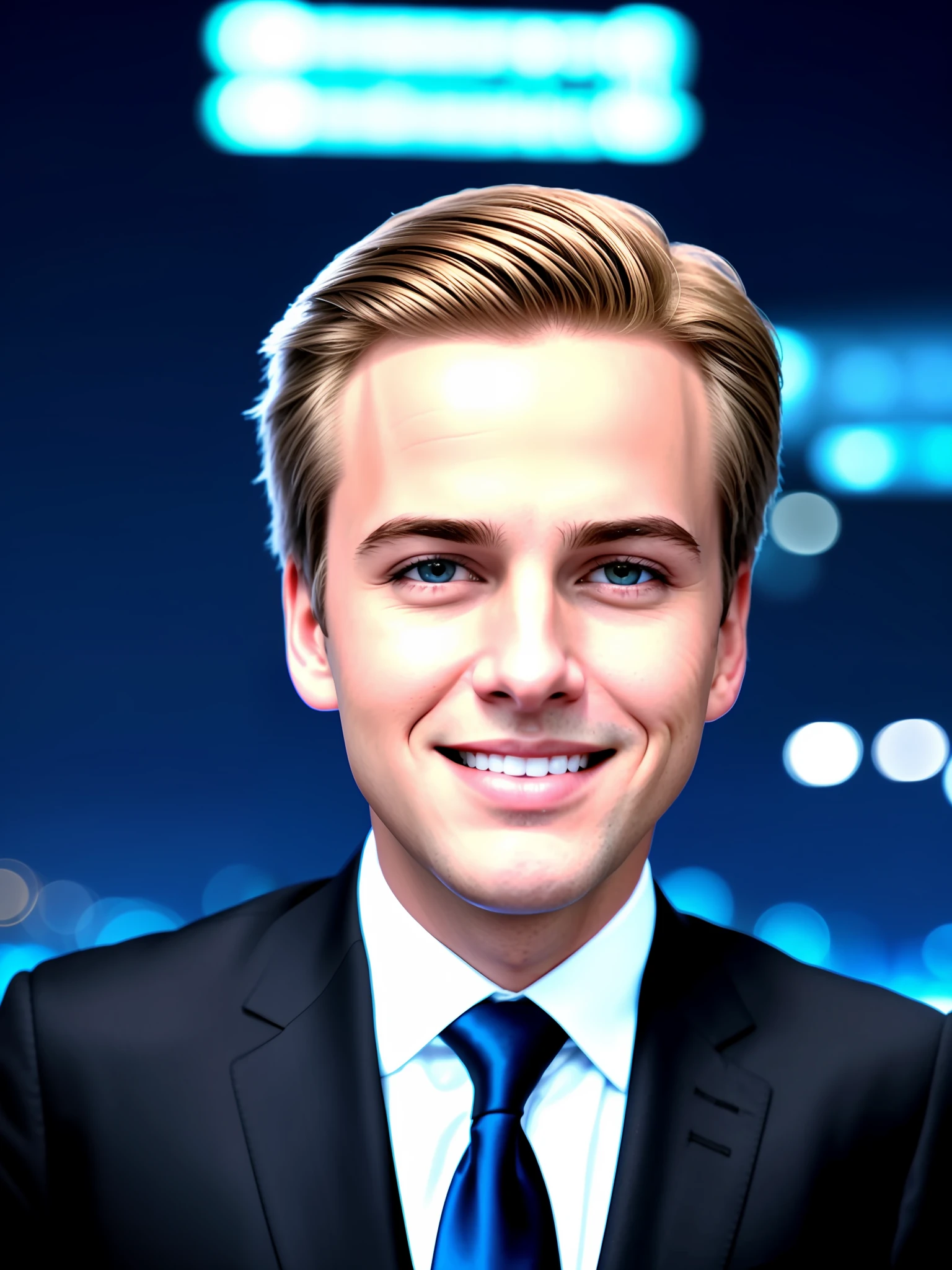 Young Trump, Smiling, (Squint: 1.4), Close-up, (Night: 1.4), Luminous, Dark, HDR, Facial Detail, Side Image, Skin Detail, (Low Light: 1.3), Cinematic, Dramatic, (Cyberpunk Megapolis: 1.3), Neon,