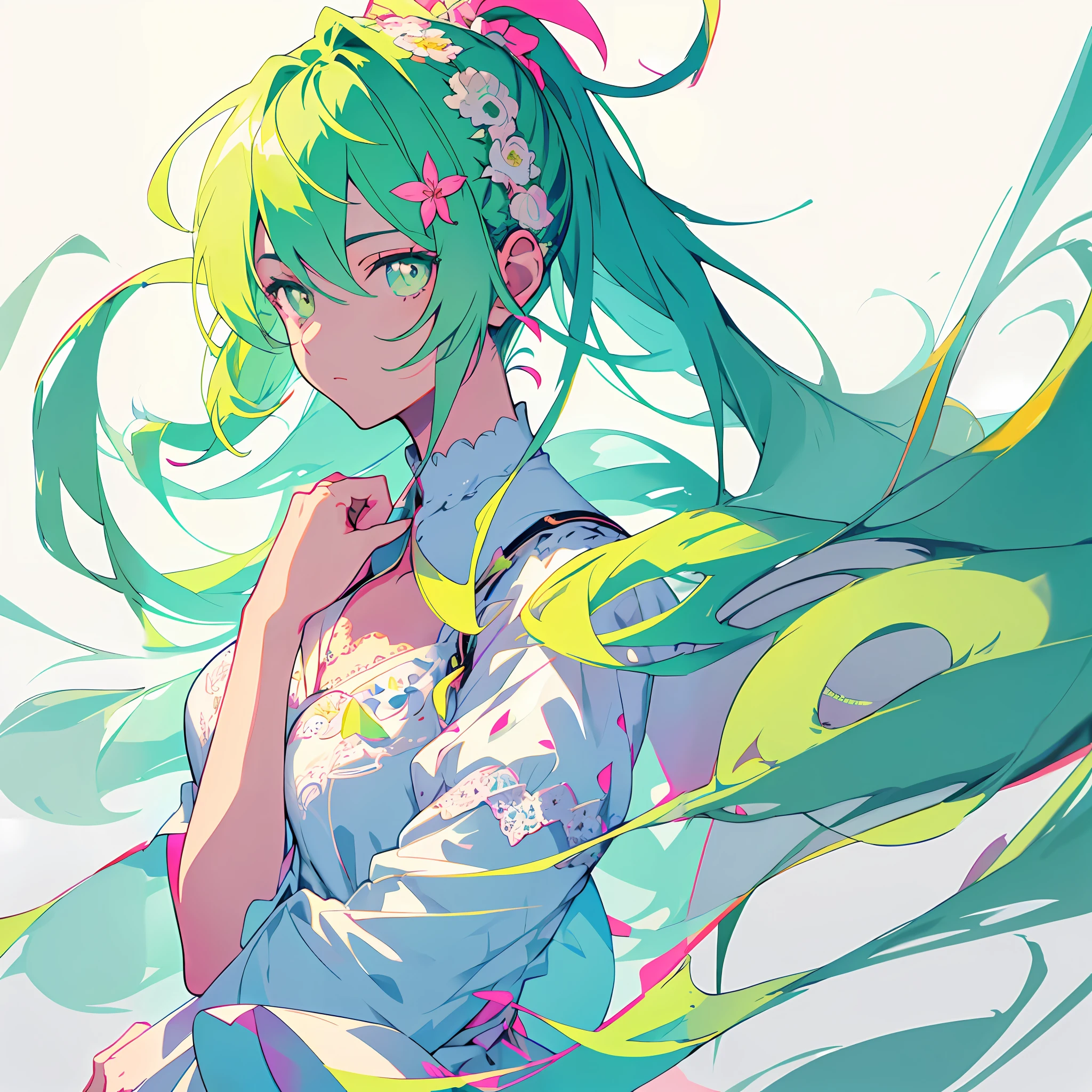 anime girl with green hair and blue eyes and a white shirt, portrait of hatsune miku, hatsune miku portrait, anime girl with teal hair, hatsune miku short hair, vocaloid, mikudayo, hatsune miku, miku, anime style 4 k, digital art on pixiv, anime styled digital art, zerochan art, detailed digital anime art