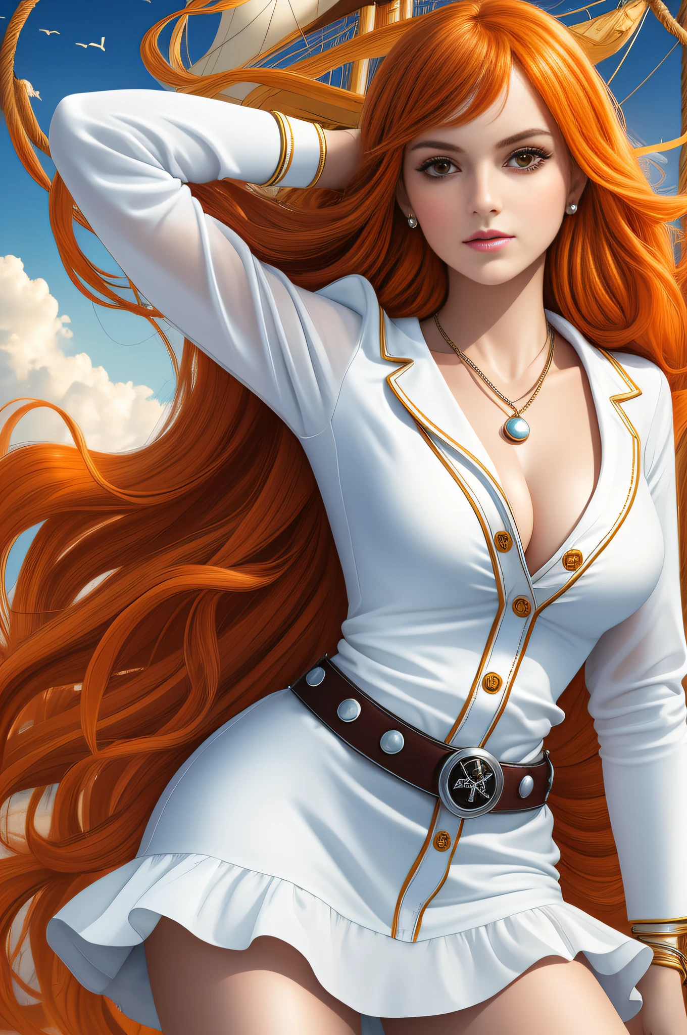 (((masterpiece+best quality+high resolution+ultra-detailed))), 1girl with clima-tact, Nami, long silky orange hair, high nose, sharp eyes, noble and inviolable temperament, (([female]: 1.2 + [beauty]: 1.2 + orange long hair: 1.2)), pirate ship background, blue sky, clouds, bracelets, white long sleeve mini dress and donned another belt, bright eyes, dynamic angle and posture.