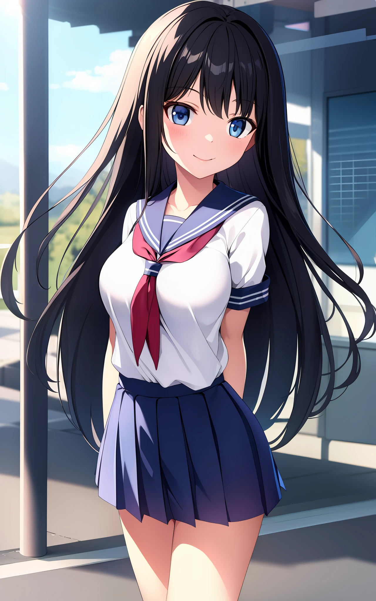 (masterpiece:1.3), 1 girl, solo, best quality, high quality, karory, black hair, long hair, one side up, large_breasts, school uniform, blue eyes, walking, arms behind back, smile.