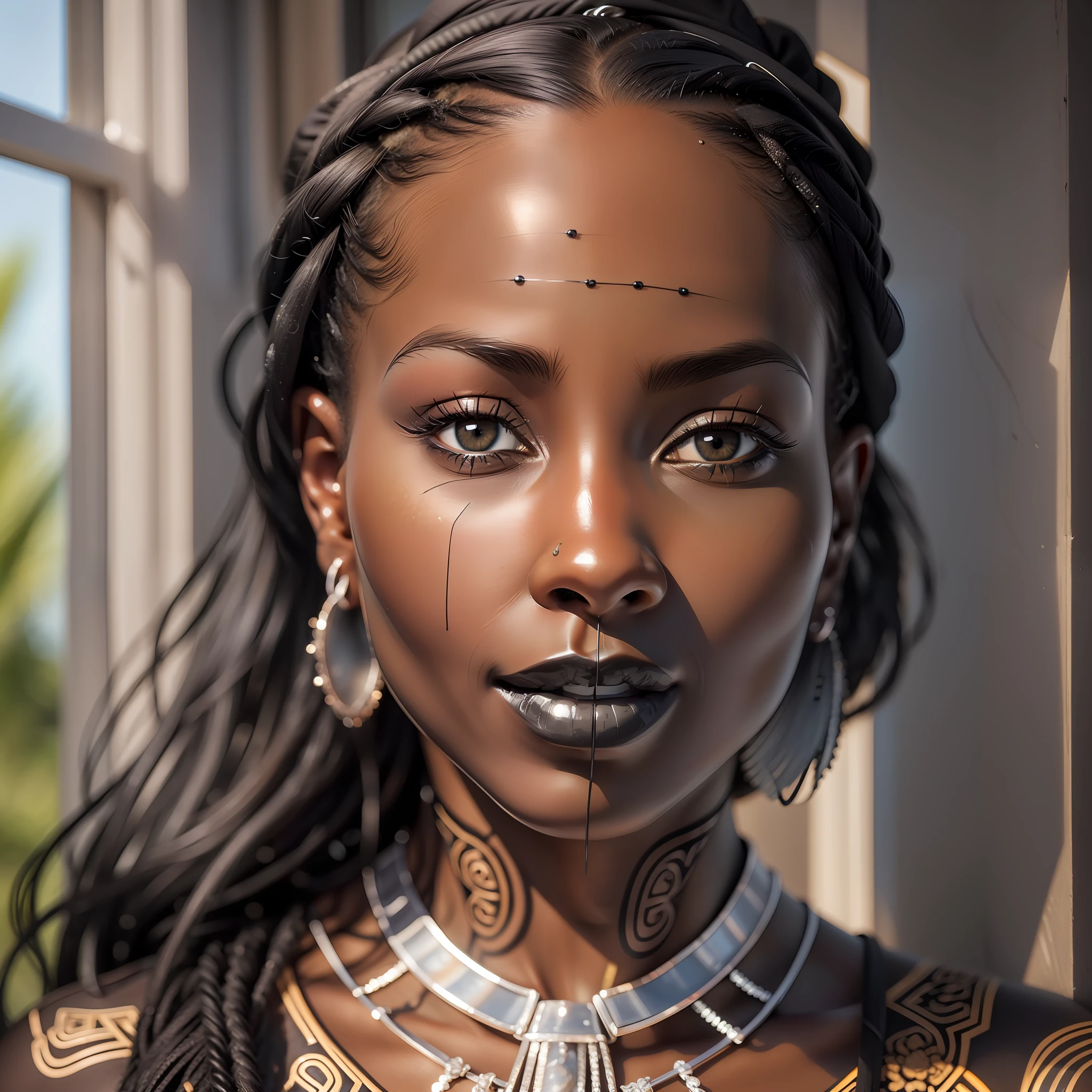 (((Face seen up close))), Photorealism, masterpiece, best quality, play of light, window, detailed and realistic skin, HDR, woman of (((black skin))), Senegal, detailed face, striking lips, dread hair, hair stuck, jewelry, silver, earrings, detailed hair, detailed eyes, black eyes, open sky background, sunlight,