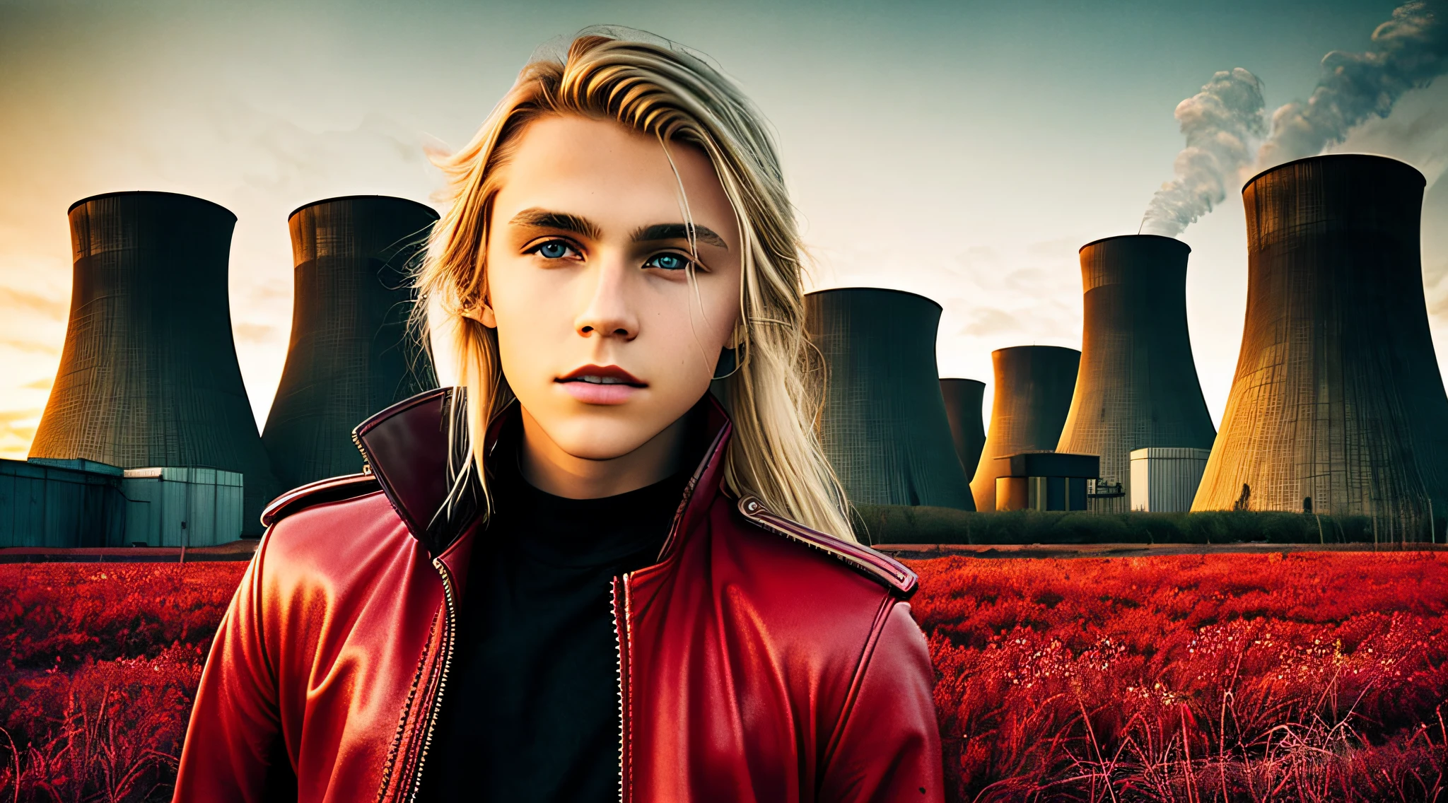 BOYS 14 YEARS OLD, CLOSE UP, WITH LONG BLONDE HAIR, WITH RED LEATHER JACKETS AND BLACK CLOTHING, nuclear power plant with radioactive barrels in a field, nuclear wasteland, nuclear waste, post-nuclear fallout, future of nuclear energy, nuclear fallout, radioactive wasteland, nuclear power, nuclear power, nuclear reactor, nuclear aftermath, post-nuclear, nuclear power plant, nuclear, radioactive particles,  nuclear art, toxic waste, polluted, radioactive peak field, pollution
