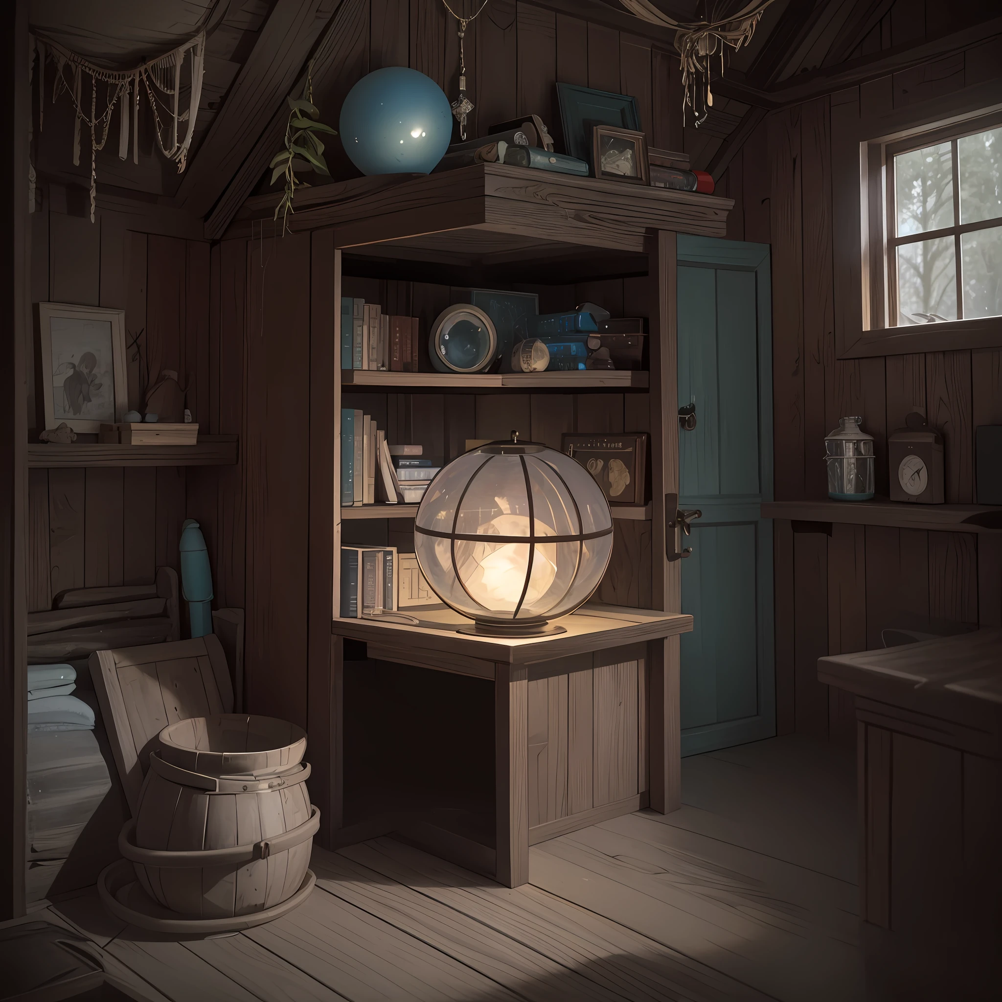 No Figures (Masterpiece, Best Quality), Indoor, Daytime, Mysticism, Weirdness: 1.4, Ultra Detailed, Absurd, Old and Dusty Cabin Interior, Wooden House, Trinkets, Gadgets and Scattered Old Books. Text on the wall, warning on the wall, small wooden box, small glowing sphere (cobweb, cobweb, web), (indoor: 1.3), oppression, mystery, suspense, horror, anime style, wide angle, depth of field, a glowing sphere inside an open small box