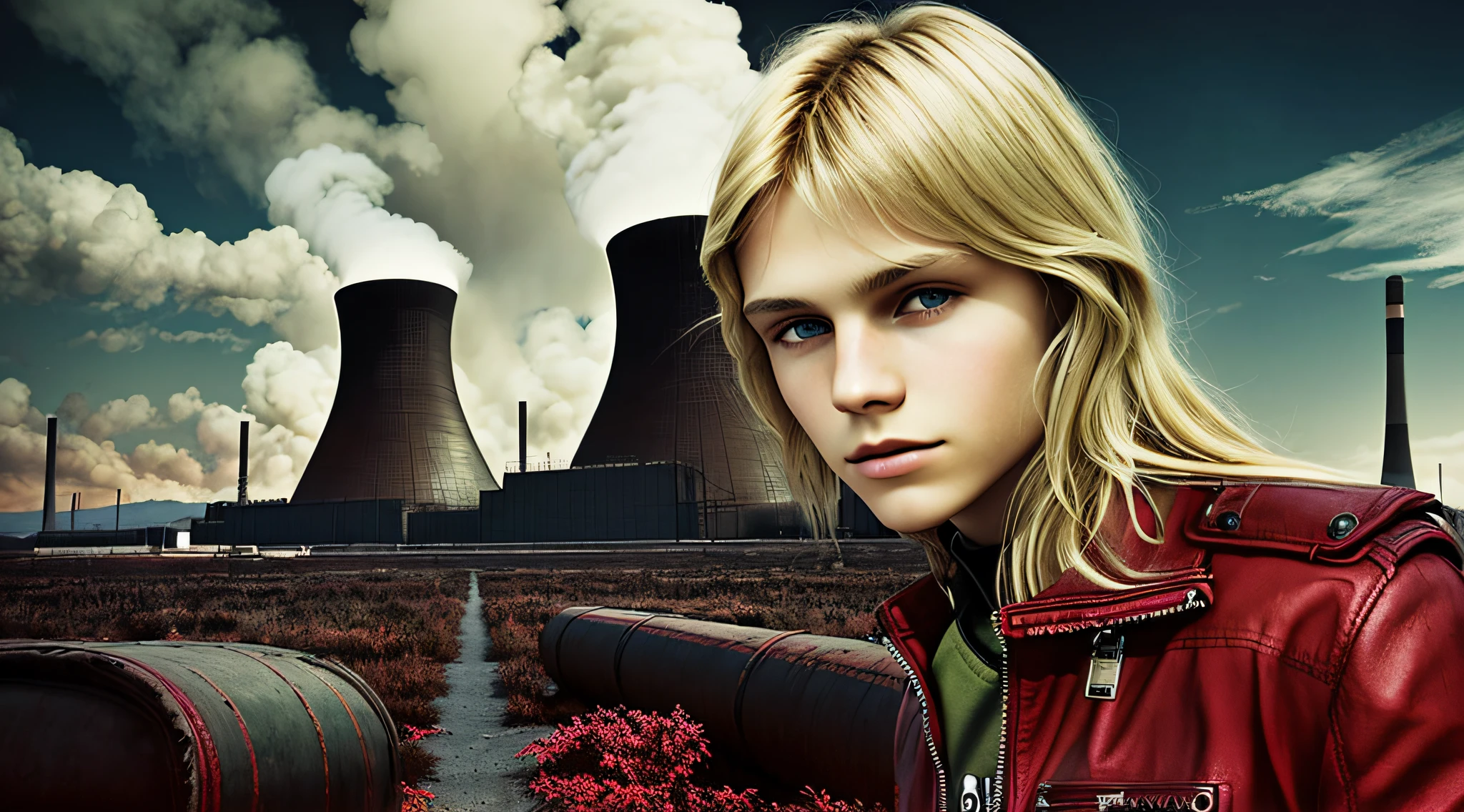 BOYS 14 YEARS OLD, CLOSE UP, WITH LONG BLONDE HAIR, WITH RED LEATHER JACKETS AND BLACK CLOTHING, nuclear power plant with radioactive barrels in a field, nuclear wasteland, nuclear waste, post-nuclear fallout, future of nuclear energy, nuclear fallout, radioactive wasteland, nuclear power, nuclear power, nuclear reactor, nuclear aftermath, post-nuclear, nuclear power plant, nuclear, radioactive particles,  nuclear art, toxic waste, polluted, radioactive peak field, pollution