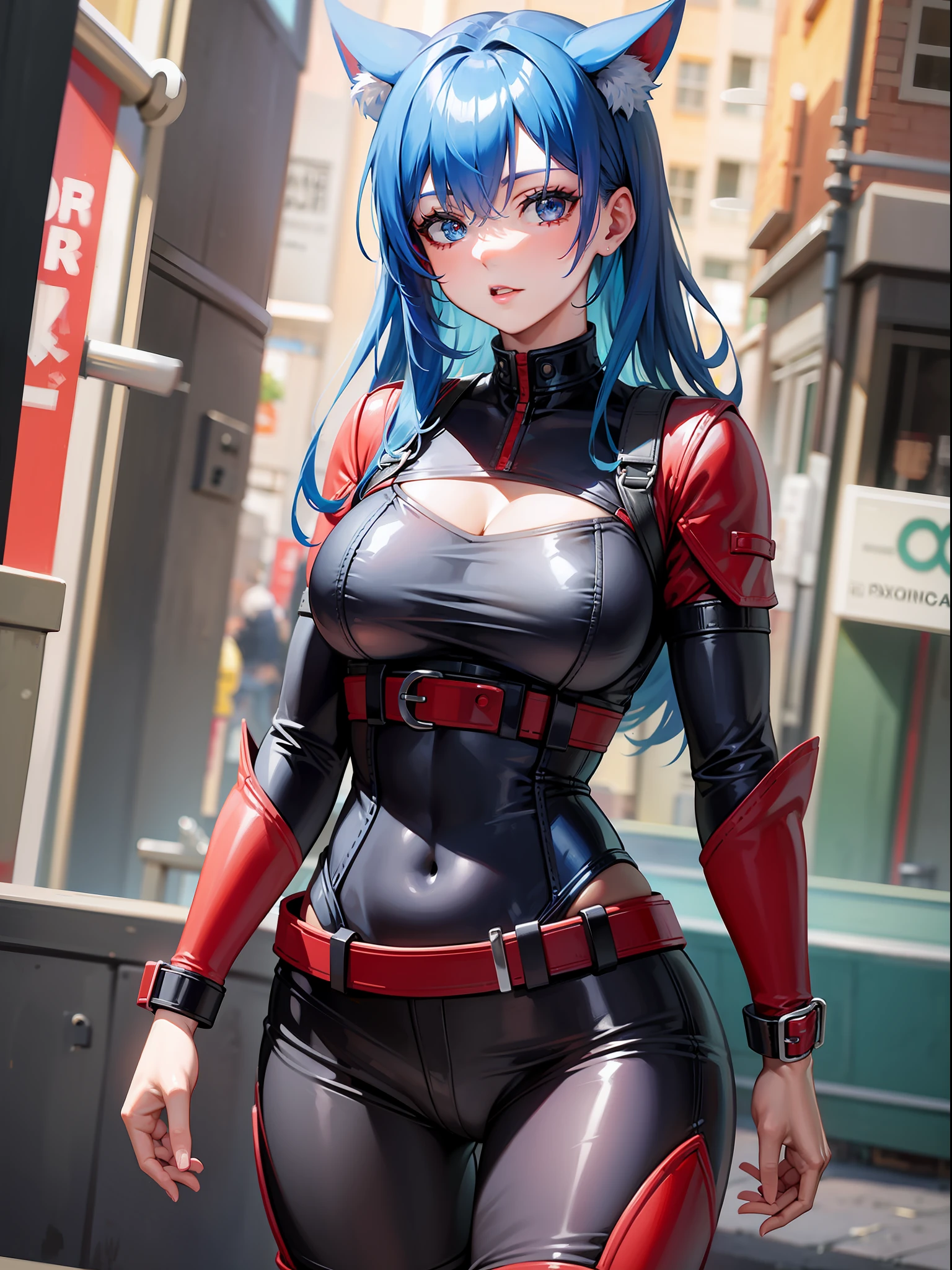 blue hair, red bodysuit, black waist belt, red boots, girl, outdoor