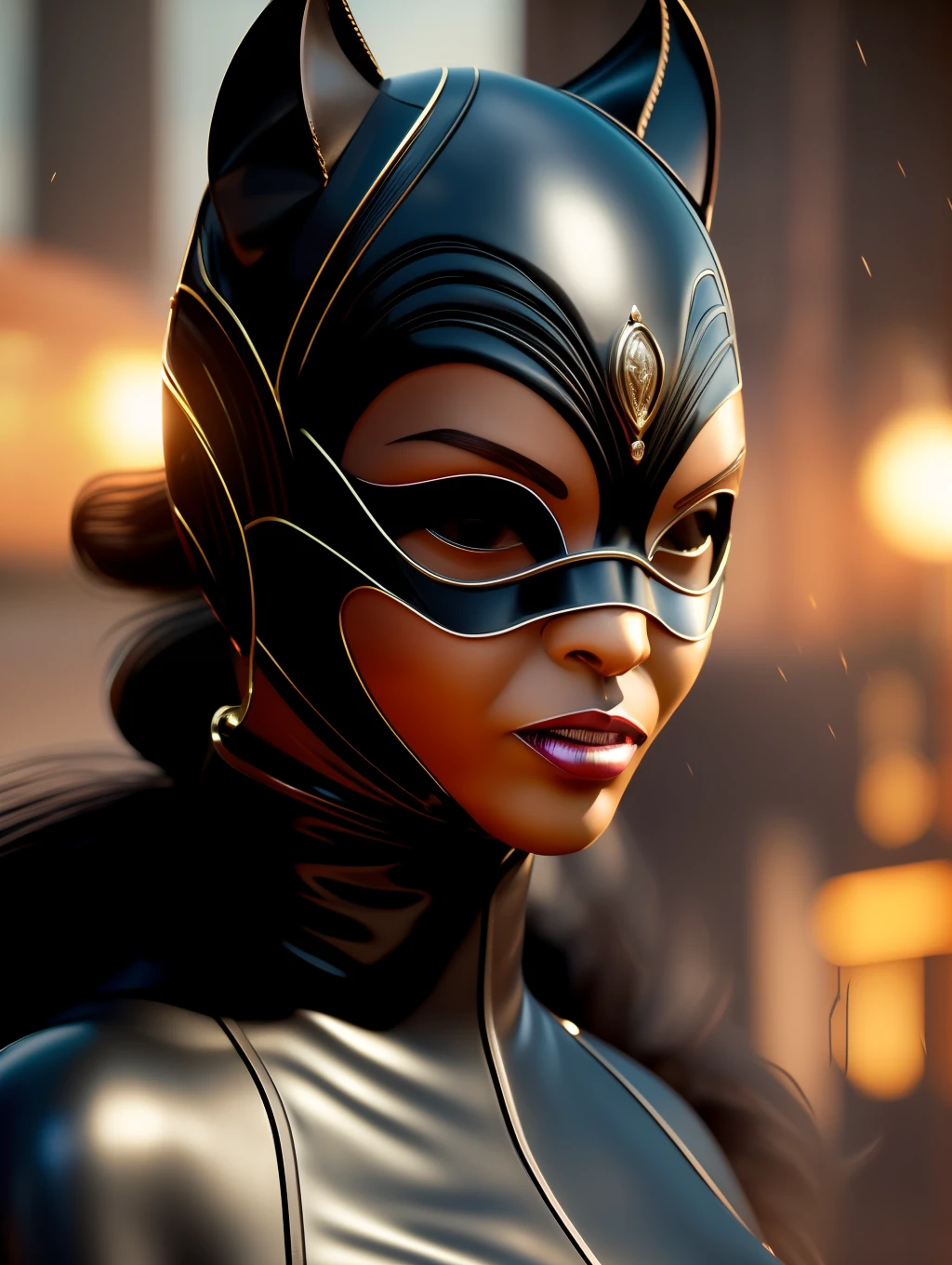 1 Afro-American beautiful woman, (catwoman, vintage catwoman suit, superhero), (insanely beautiful Afro-American woman, catwoman mask, long windy hair, expressive eyes:1.5), solo, looking at viewer, detailed costume, vintage catwoman leather costume, covered, makeup, big city alley, dynamic action poses, top angle shot, masterpiece, (best quality:1.2), ultra-detailed, realistic, High definition, High quality, Cinematic Light, Ray tracing, ultra high res, UHD, 8K, (photorealistic:1.5), intricate details, detailed texture, finely detailed, High quality shadow