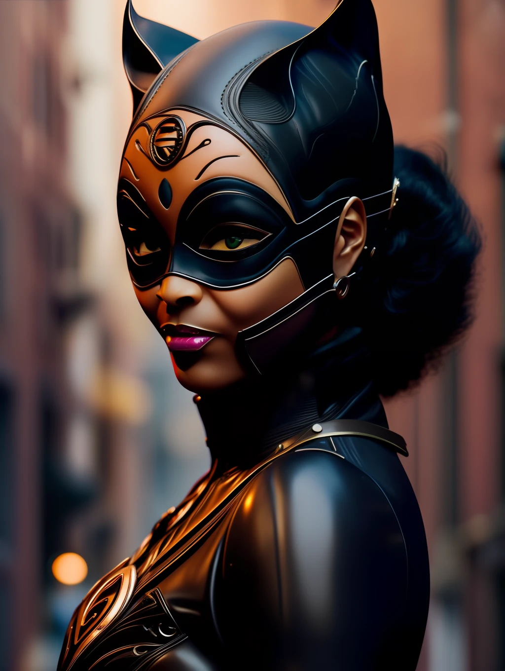 1 Afro-American beautiful woman, (catwoman, vintage catwoman suit, superhero), (insanely beautiful Afro-American woman, catwoman mask, long windy hair, expressive eyes:1.5), solo, looking at viewer, detailed costume, vintage catwoman leather costume, covered, makeup, big city alley, dynamic action poses, top angle shot, masterpiece, (best quality:1.2), ultra-detailed, realistic, High definition, High quality, Cinematic Light, Ray tracing, ultra high res, UHD, 8K, (photorealistic:1.5), intricate details, detailed texture, finely detailed, High quality shadow
