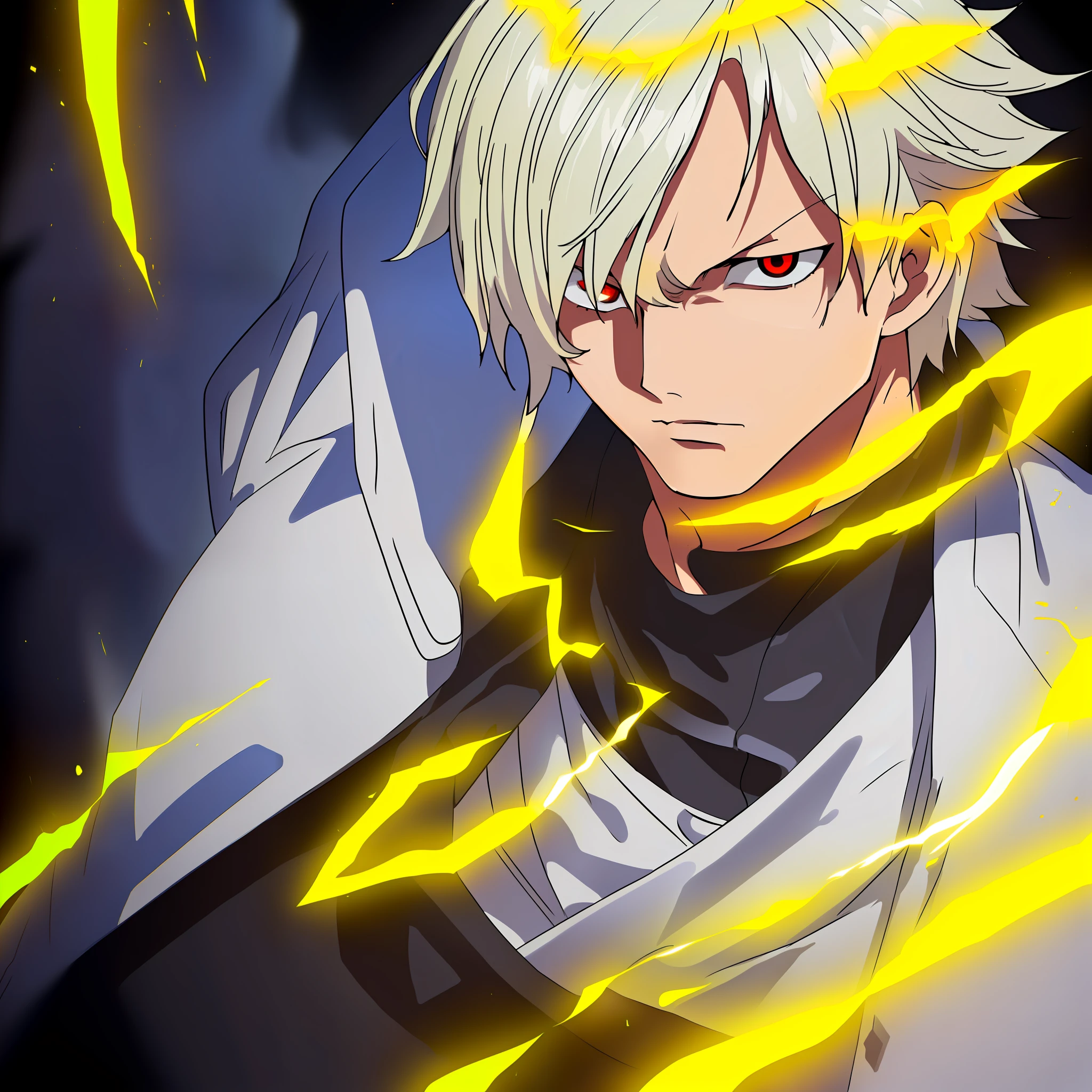 skin texture, oil, heavy strokes, multicolored blonde and white hair, 8k resolution, bright red eyes, highlighted eyes, male teenager, handsome young man, hair back, 25 years old, Wears luxurious black tunic with high details, intricate details, complementary colors, masterpiece, electricity background, electricity electricity, high level lighting.