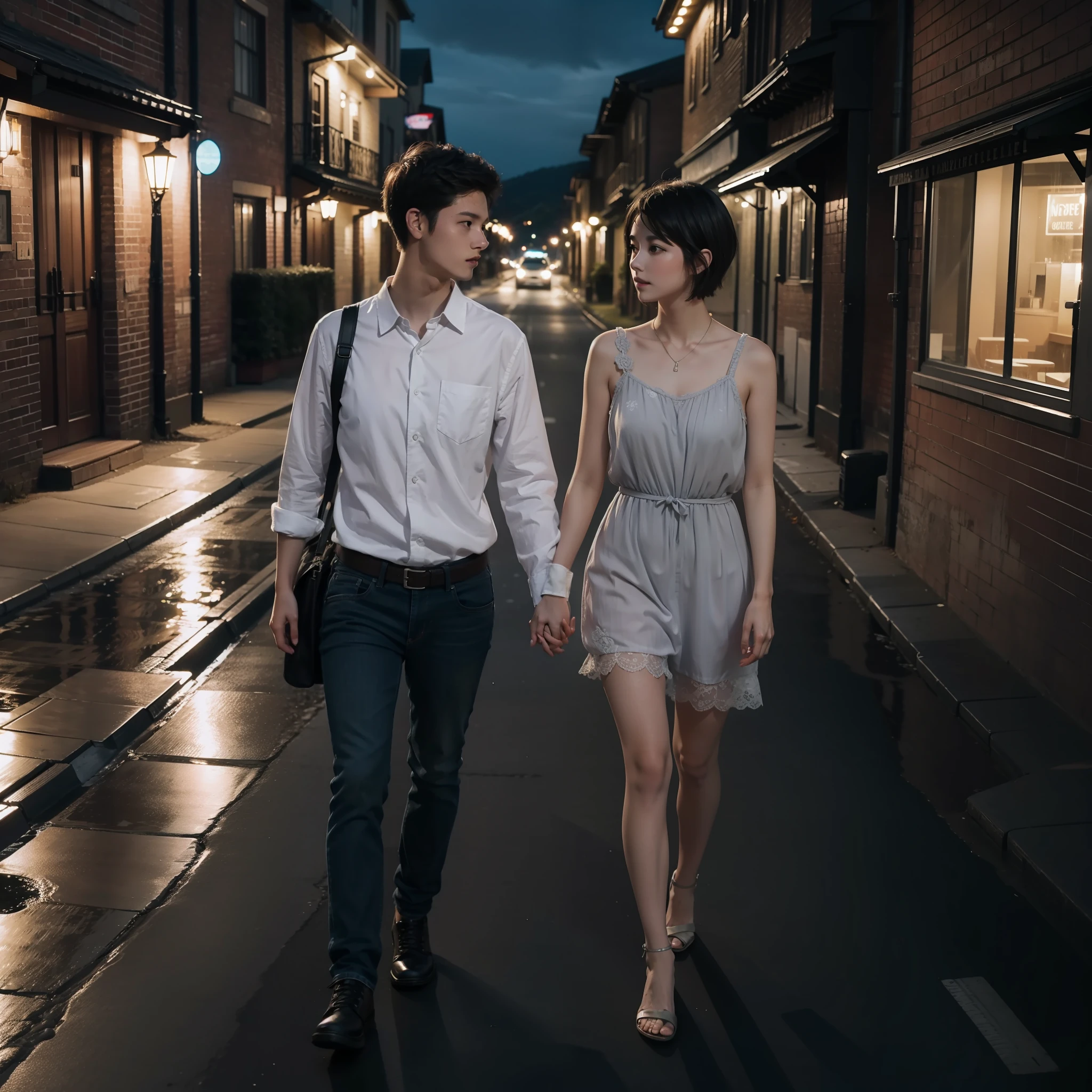/digital a couple walking on a street, girl with short hair, country side, night, detailed and realistic, romantic