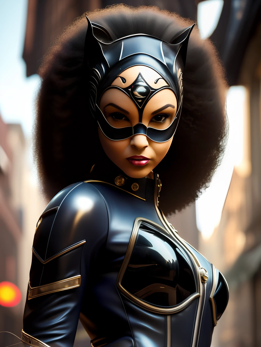 1 Afro-American beautiful woman, (catwoman, vintage catwoman suit, superhero), (insanely beautiful Afro-American woman, catwoman mask, long windy hair, expressive eyes:1.5), solo, looking at viewer, detailed costume, vintage catwoman leather costume, covered, makeup, big city alley, dynamic action poses, top angle shot, masterpiece, (best quality:1.2), ultra-detailed, realistic, High definition, High quality, Cinematic Light, Ray tracing, ultra high res, UHD, 8K, (photorealistic:1.5), intricate details, detailed texture, finely detailed, High quality shadow
