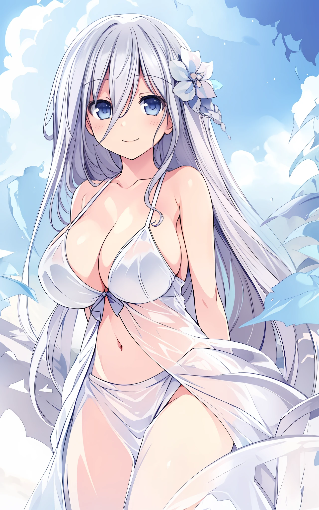 Mio_Takamiya, (masterpiece:1.2), (high_quality:1.2), (detailed:1.2), (huge breasts:1.5), looking at viewer, 1girl, solo, long_hair, silver hair, blue_silver_eyes, busty, see-through, bare shoulders, smile, beach, sea, full view, arms behind back, smile.