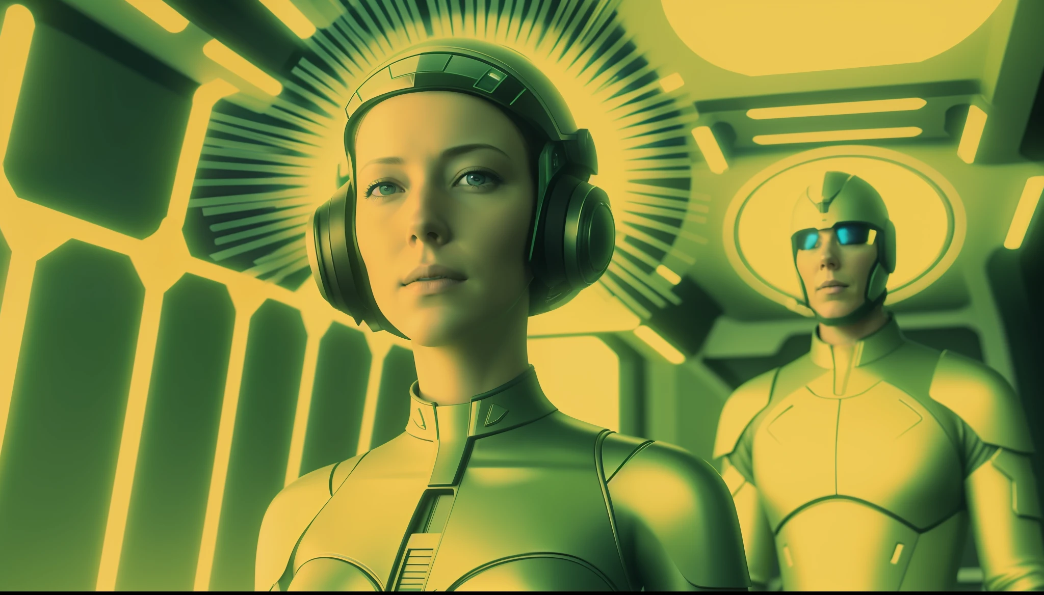 woman (Molly Parker) in helmet standing in front of man (Toby Stephens), cyberpunk art by Jim Burns, cgsociety, retrofuturism, daz3d, ps1 graphics, dystopian art