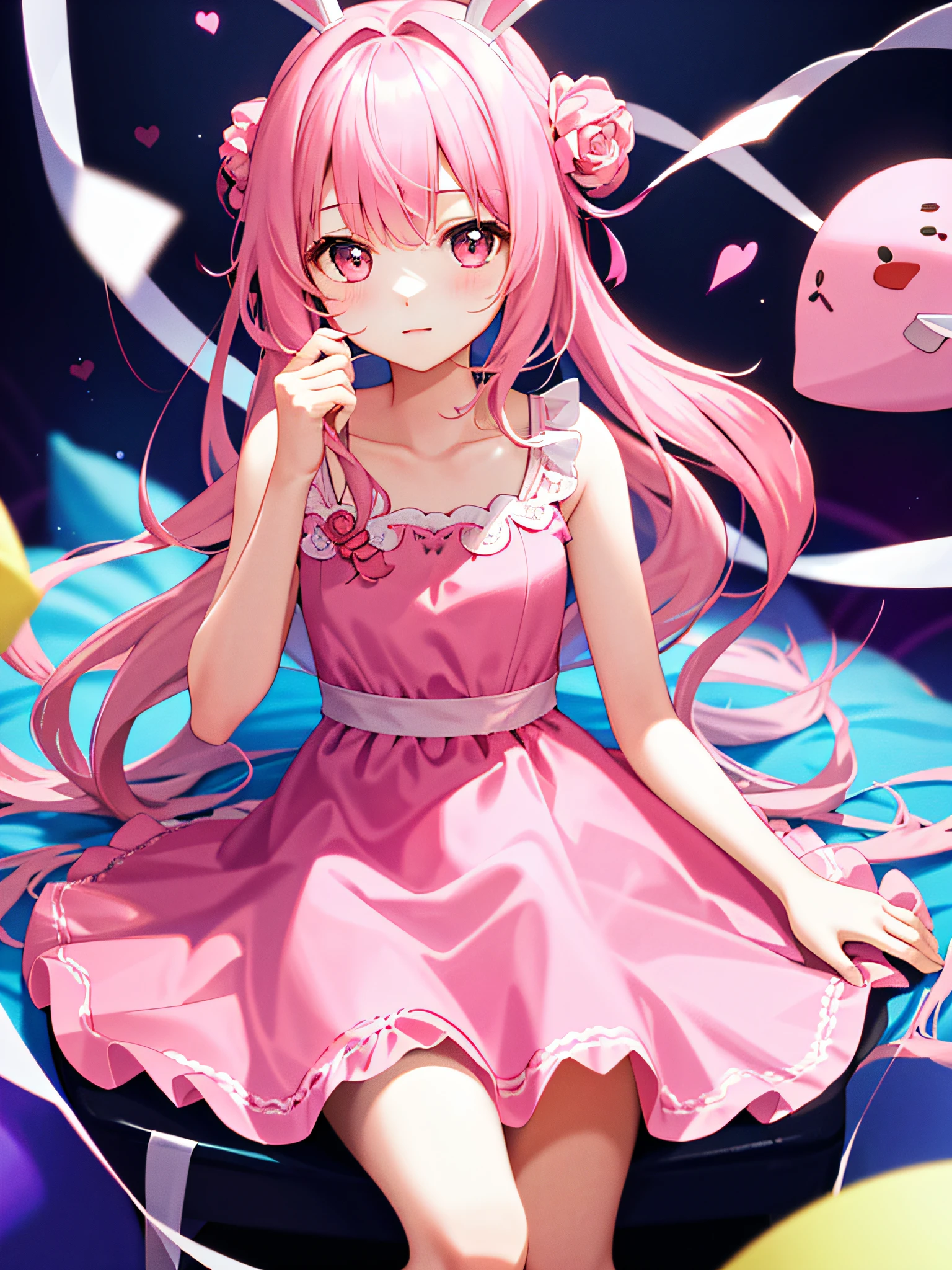 Ultra HD, retina screen, masterpiece, a girl, wearing a light pink dress with colorful background, background light, sitting on a chair, , holding pink rabbit plush toy, pink theme