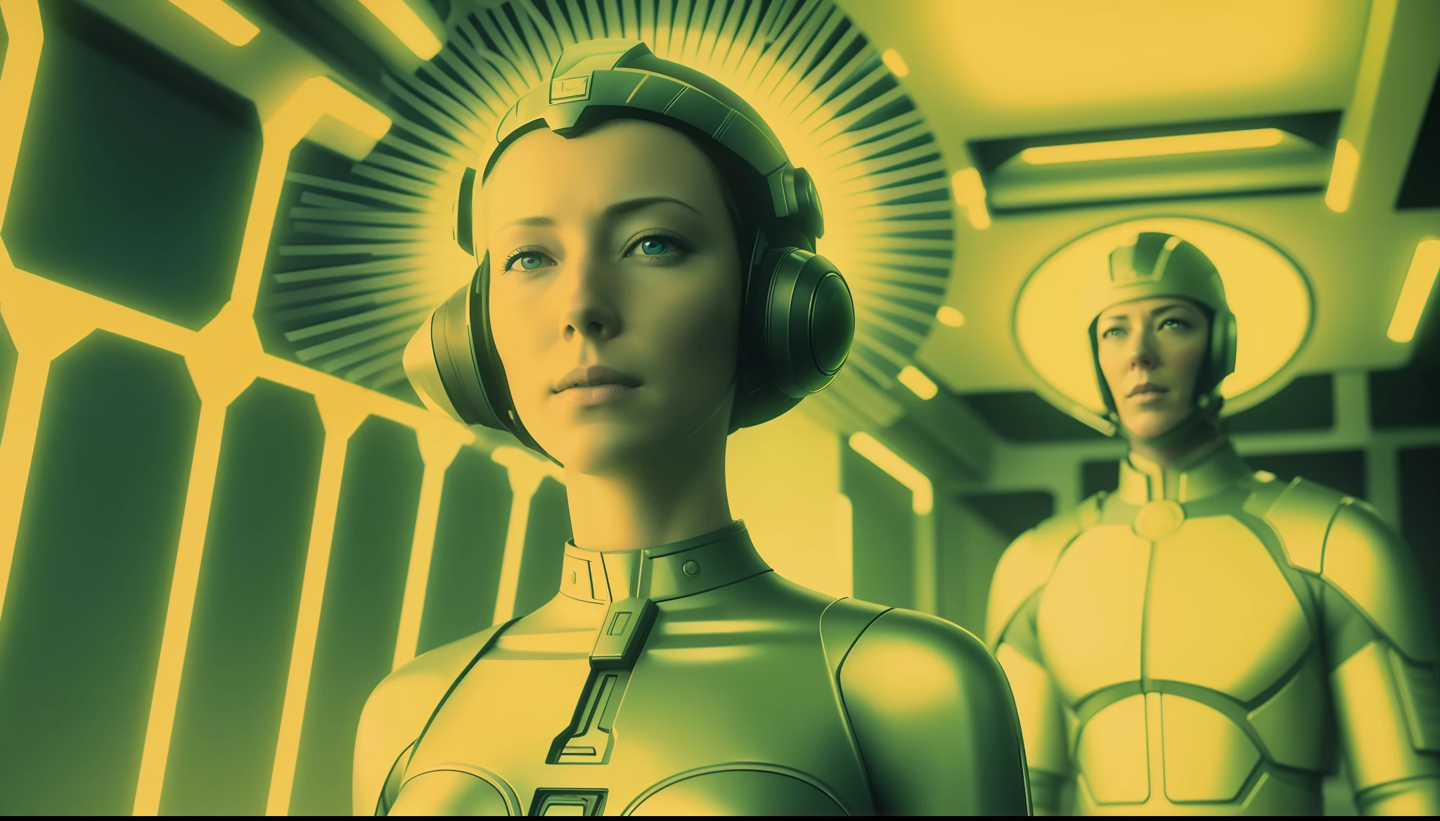 woman (Molly Parker) in helmet standing in front of man (Toby Stephens), cyberpunk art by Jim Burns, cgsociety, retrofuturism, daz3d, ps1 graphics, dystopian art