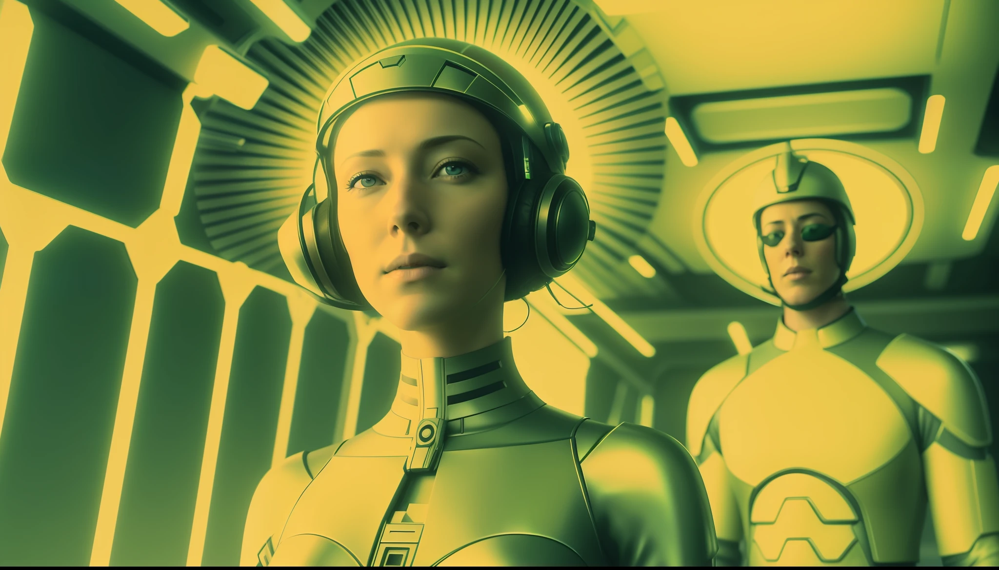 woman (Molly Parker) in helmet standing in front of man (Toby Stephens), cyberpunk art by Jim Burns, cgsociety, retrofuturism, daz3d, ps1 graphics, dystopian art