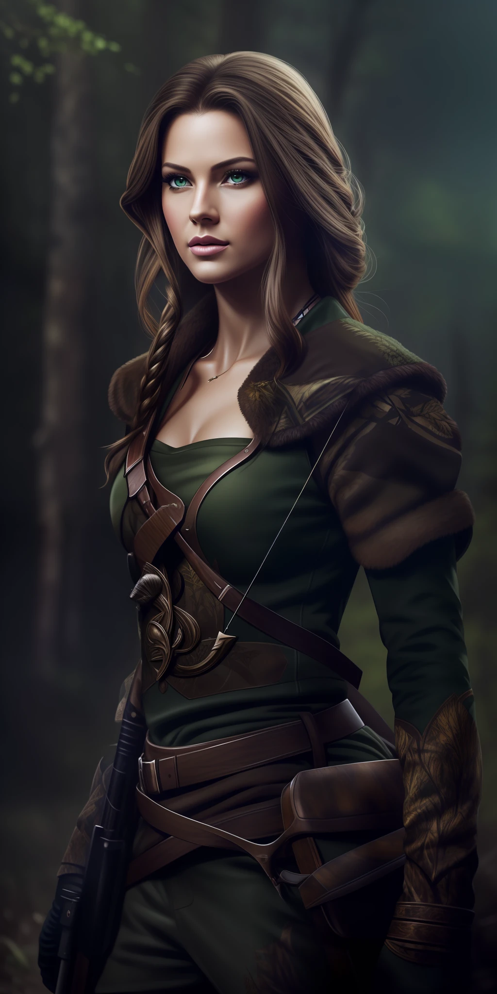 masterpiece,realistic,best quality, ultra-detailed, stunning illustration, an extremely beautiful and determined huntress, pink lips,dynamic position, wide vision, hunter clothes, dramatic light effect, special hunting clothes, short light brown hair, green eyes, brown skin, wooded billboard,bow and arrow on the back.