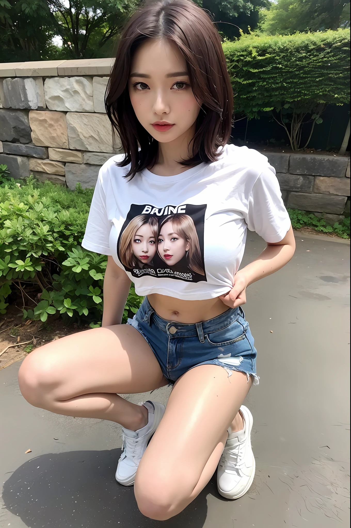 (Top Quality, 4k, Masterpiece: 1.3), Beautiful Woman, Female 1 (Breasts, Attractive Body: 1.2), Abs: 1.1, Dark Brown Hair: 1.1, (Wet Face, Wet Body: 1.2), Ultra-Detailed Face, Detailed Lips, Detailed Eyes, Double Eyelids, Full Body, Denim Short, Sneakers, Fishnet Stockings, Chibi T-Shirt, Outdoor, White Sneakers, Kneeling, Eye Watching